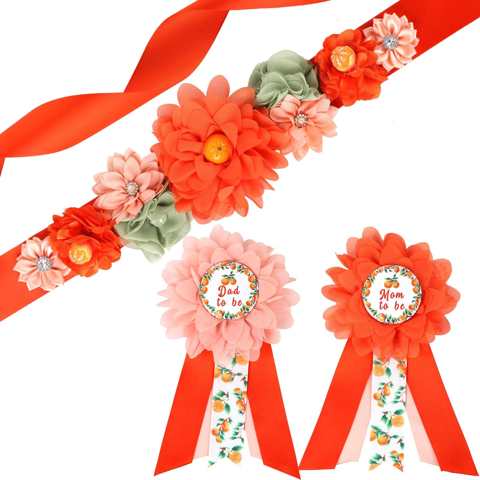 JOYMEMO Little Cutie Baby Shower Maternity Sash Kit - Orange Fruit Baby Shower Belly Belt and Mom to Be & Dad to Be Corsage Pins, New Parents Pregnancy Photo Props Tangerine Theme Party Supplies