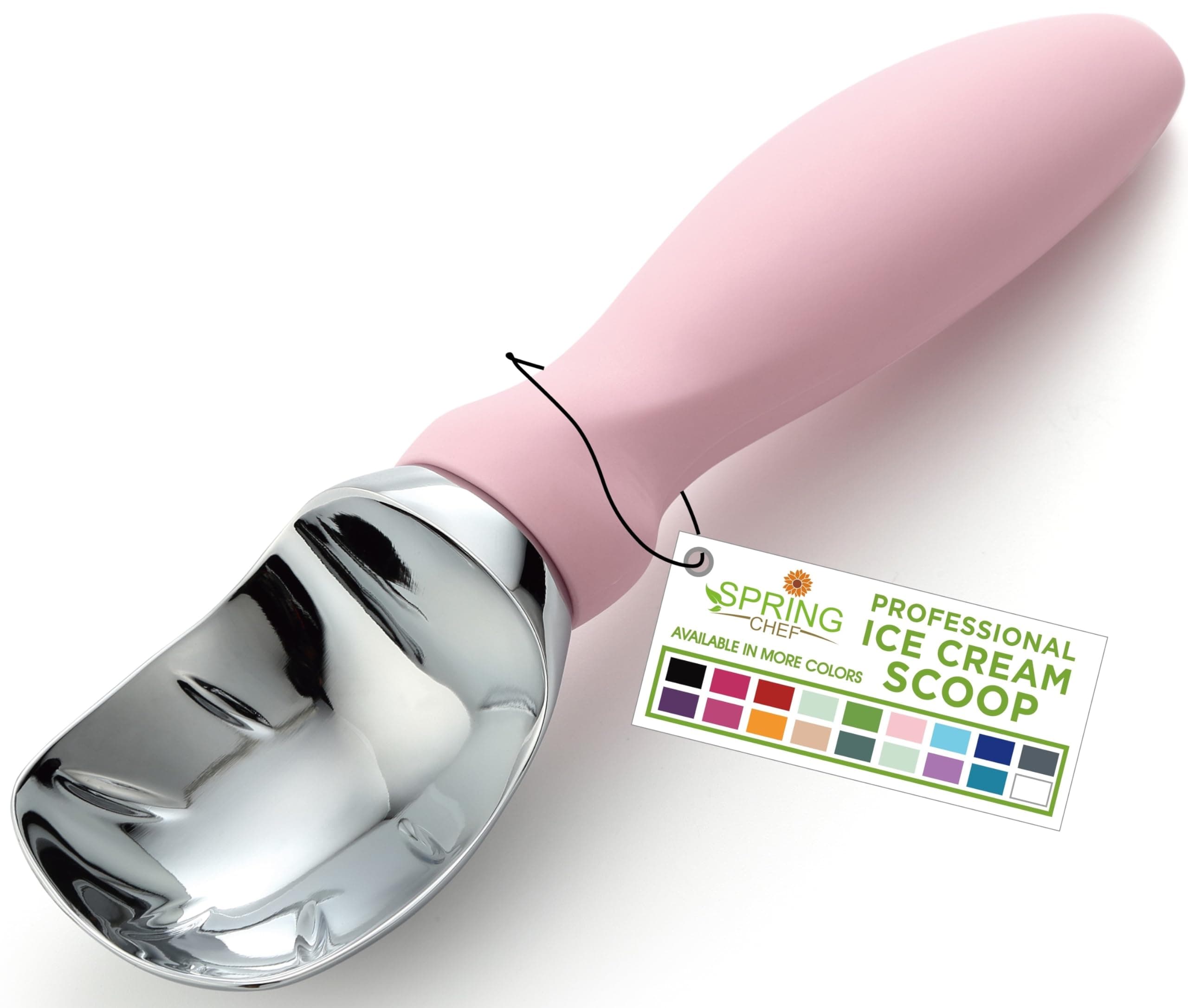 Spring Chef Heavy Duty Ice Cream Scoop with Comfortable Handle - Professional Ice Cream Scooper for Gelato, Sorbet, Cookie Dough, Melon - Dishwasher Safe Metal Kitchen Gadget - Pink Lemonade