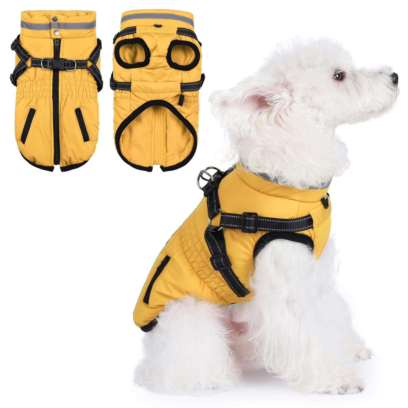 Gyuzh Dog Winter Coat with Built-in Harness, Warm Windproof Puffer Jacket for Small Medium Dogs, Easy On Back Zipper, Reflective Strips, Cold Weather Dog Coat for Chihuahua Dachshund Puppy