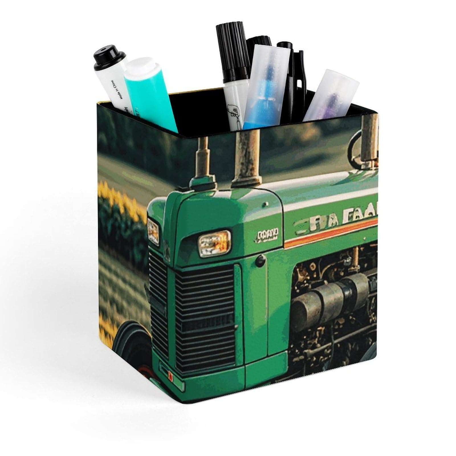 FekiLoot Company Farm Tractor Pen Holder for Desk, Personalized Pencil Cups for Office, Square Makeup Brush Holder for Bathroom, PU Leather Pencil Organizer Case, Pen Storage Box