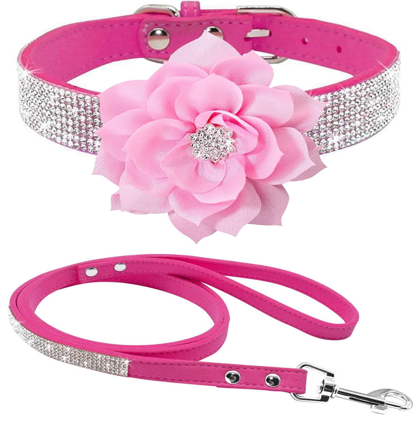 Pimaodog Cute Dazzling Sparkling Elegant Fancy Soft Suede Leather Bling Rhinestone Crystal Jeweled Pet Supplies Dog Cat Puppy Collar Dog Leash Combo Set (M(Neck 12.5-15''), Hot Pink-6)