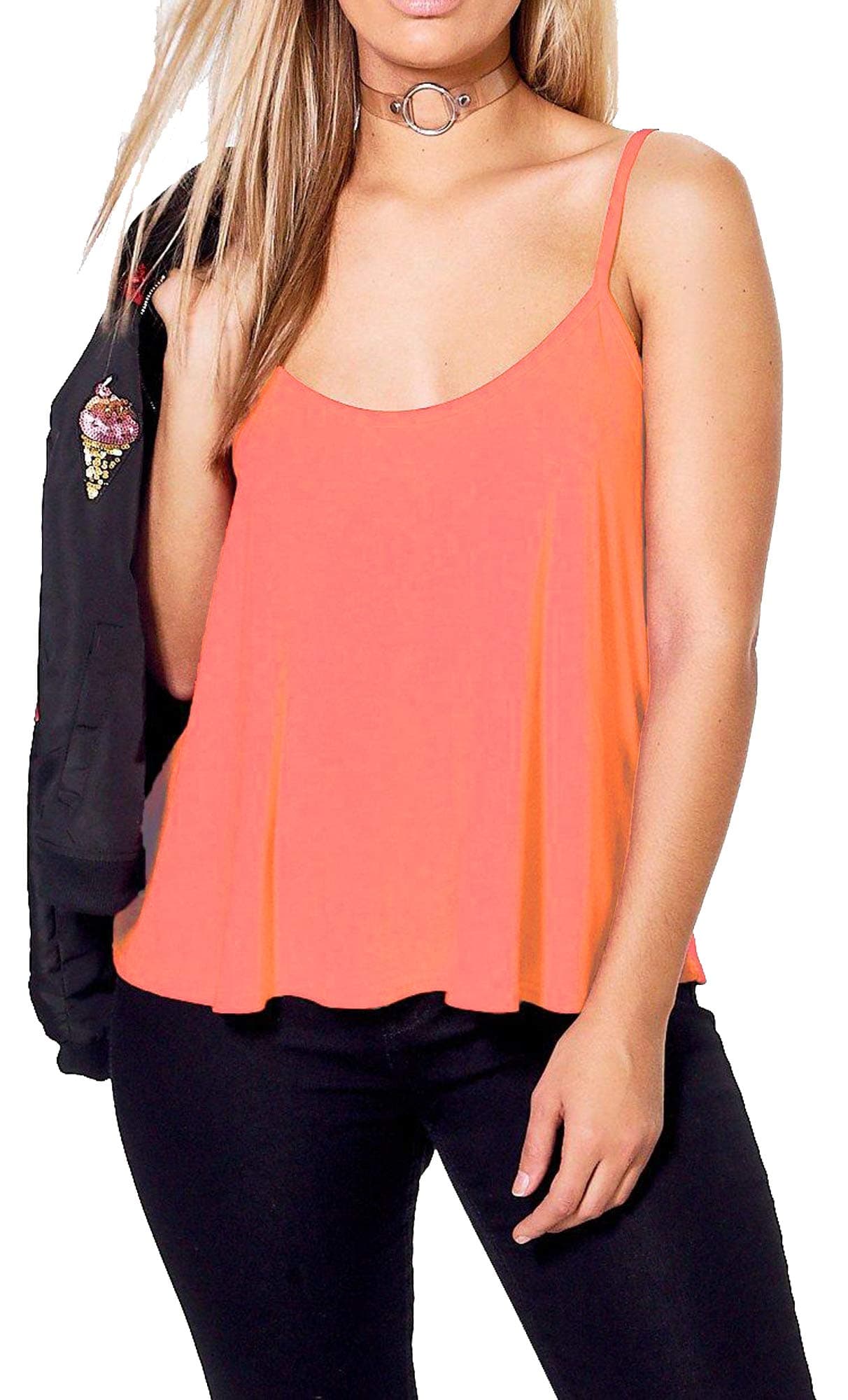 Plain Strappy Cami Vest Top Swing and Flowy Women's Sleeveless Loose Fit Camisole Tank Top Scoop Neck Coral-20-22