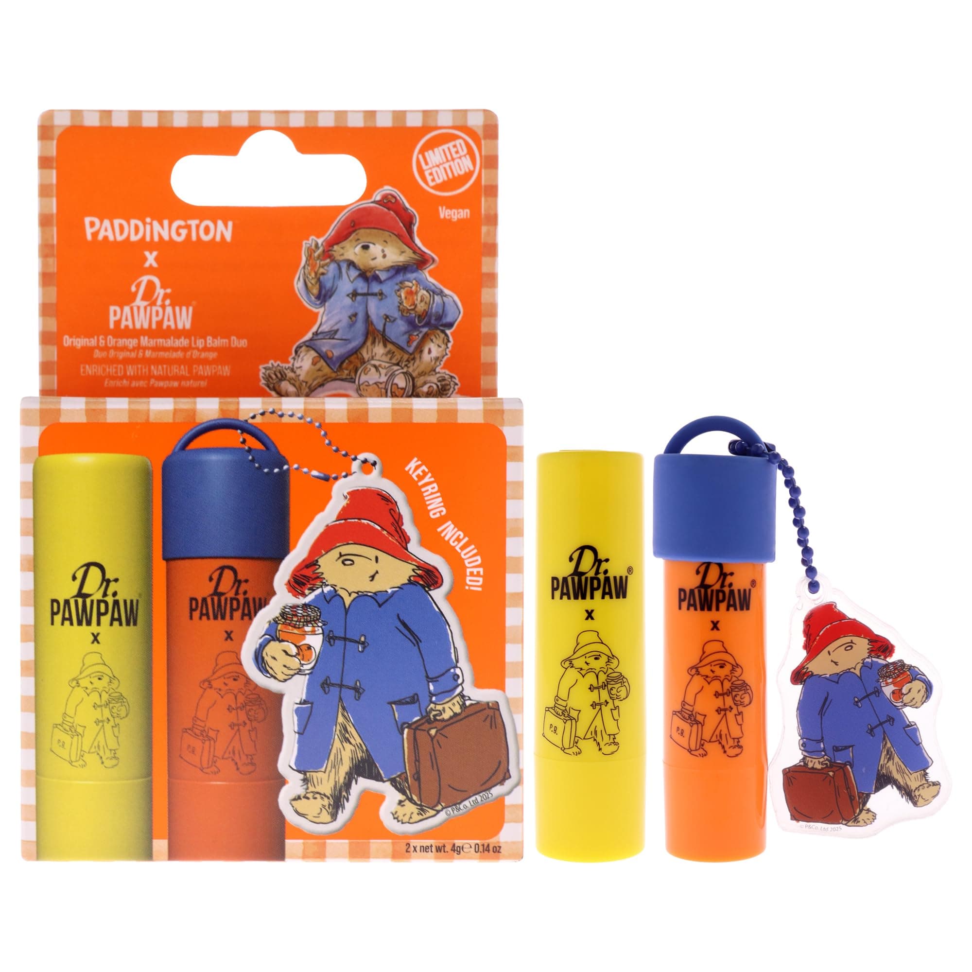Dr.PAWPAW x Paddington Original and Orange Marmalade Lip Balm Duo 2 x 4g with Paddington Keyring, Vegan Hydrating Pawpaw Lip Care Gift Set