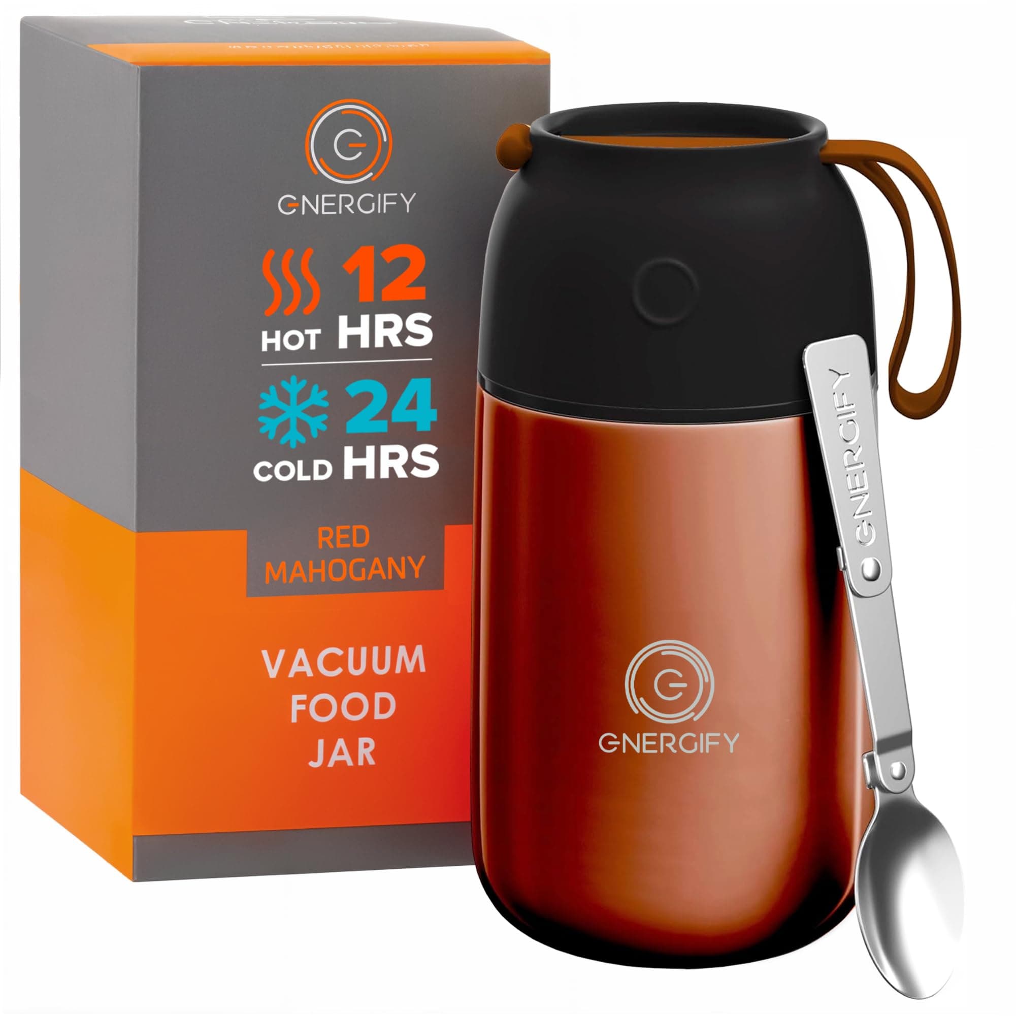 Vacuum Insulated Food Jar. Bowl incl. Folding Spoon, Cup. Wide Mouth Keep Hot & Cold Drinks Soup Lunch Container for Adults. BPA-Free Stainless Steel, Leak Proof (Red Mahogany, 24 Ounces)