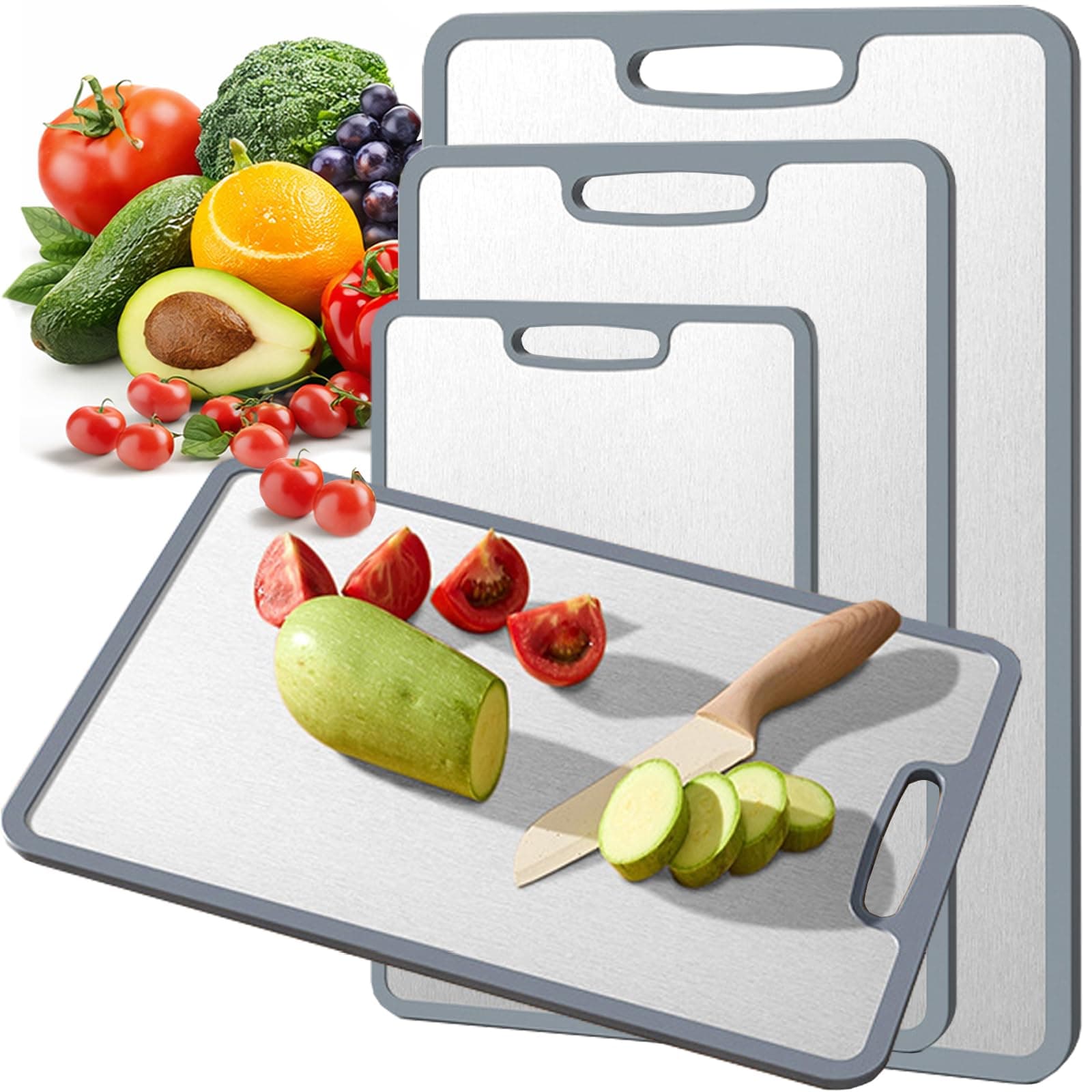 Titanium Chopping Board, Set of 3, Double-Sided Non-Slip Silicone Edge, Pure Titanium Chopping Boards for Kitchen, Double-Sided Food Grade Chopping Board, Thawable Tray