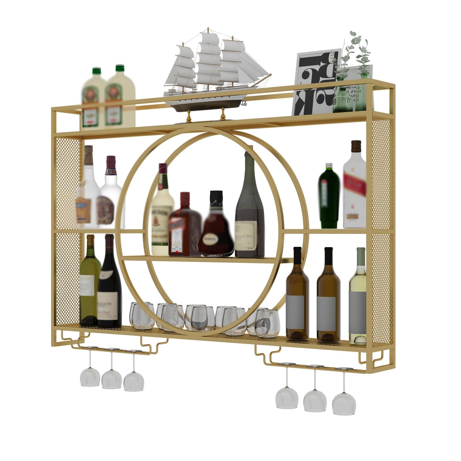 KEPMOGOH Wine Rack Wall Mounted, Metal Round Wine Rack Hanging Rack, Modern Minimalist Style Wall Mounted Wine Rack for Kitchen, Living Room, Home (Color : Gold, Size : 55.1 * 5.9 * 35.4INCH)