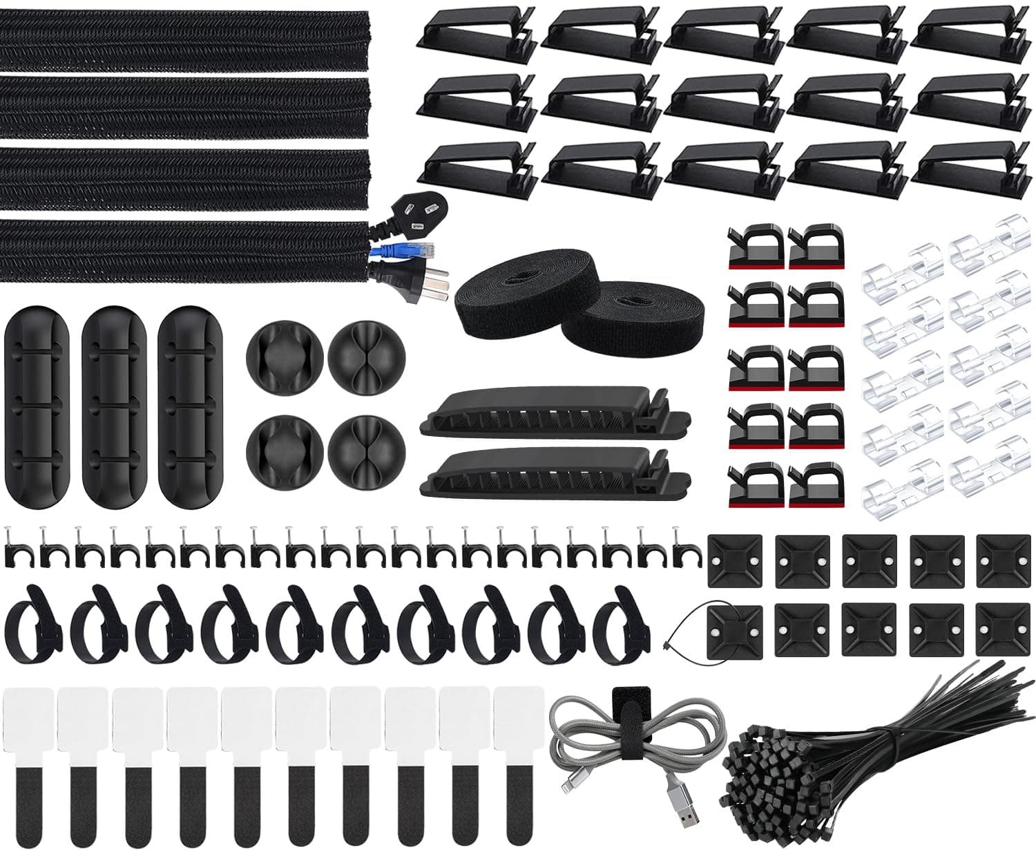 SOULWIT 200 Pièces Kit de Gestion des Câbles, 4 Manchon de Câble Gaine, 3 Clips Câble Organisateur Bureau, 10+2 Attache Câble Organisateur Rallonge, 15 Clips Câbles Adhésifs, 100 Serre Câbles