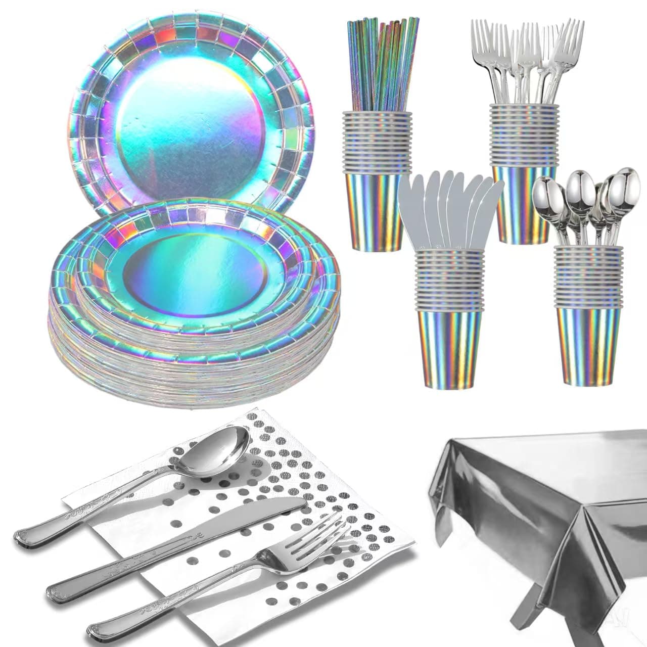 201-piece disposable party tableware set with paper plates, cups, napkins, straws, tablecloths, plastic knives, forks and spoons for a variety of party occasions for up to 25 people (Silver Rainbow)