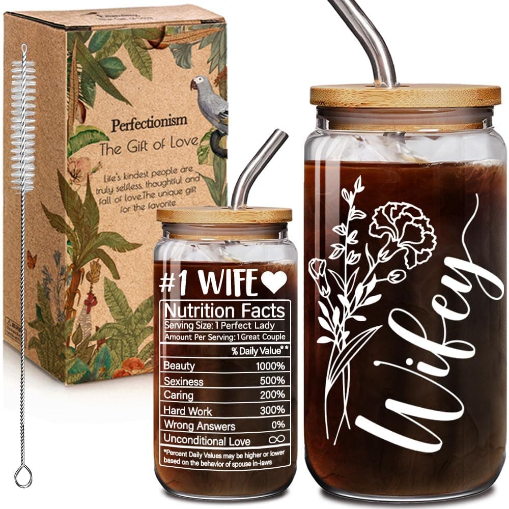 Wife Nutrition Facts Mothers Day Gifts for Wife from Husband, Wedding Anniversary Birthday Engagement Gifts for Women, Wifey Gift for Her, Romantic Love Gift for Her 16 Oz Can Glass with Lids & Straws