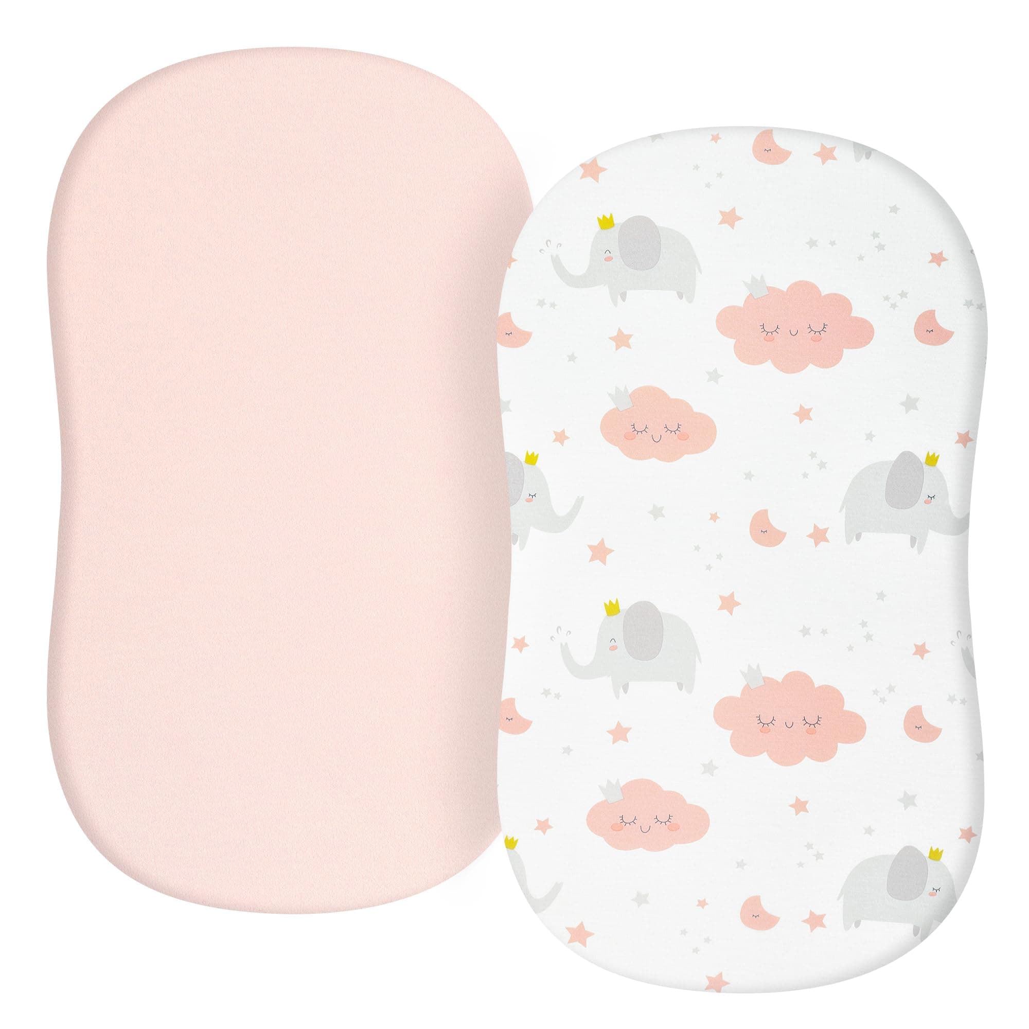 TILLYOU Baby Bassinet Sheets for Girls Boys 2 Pack Baby Sheets for Square Rectangle Oval Bassinet Mattress 33X16 Inch, Elephant & Cloud Pink