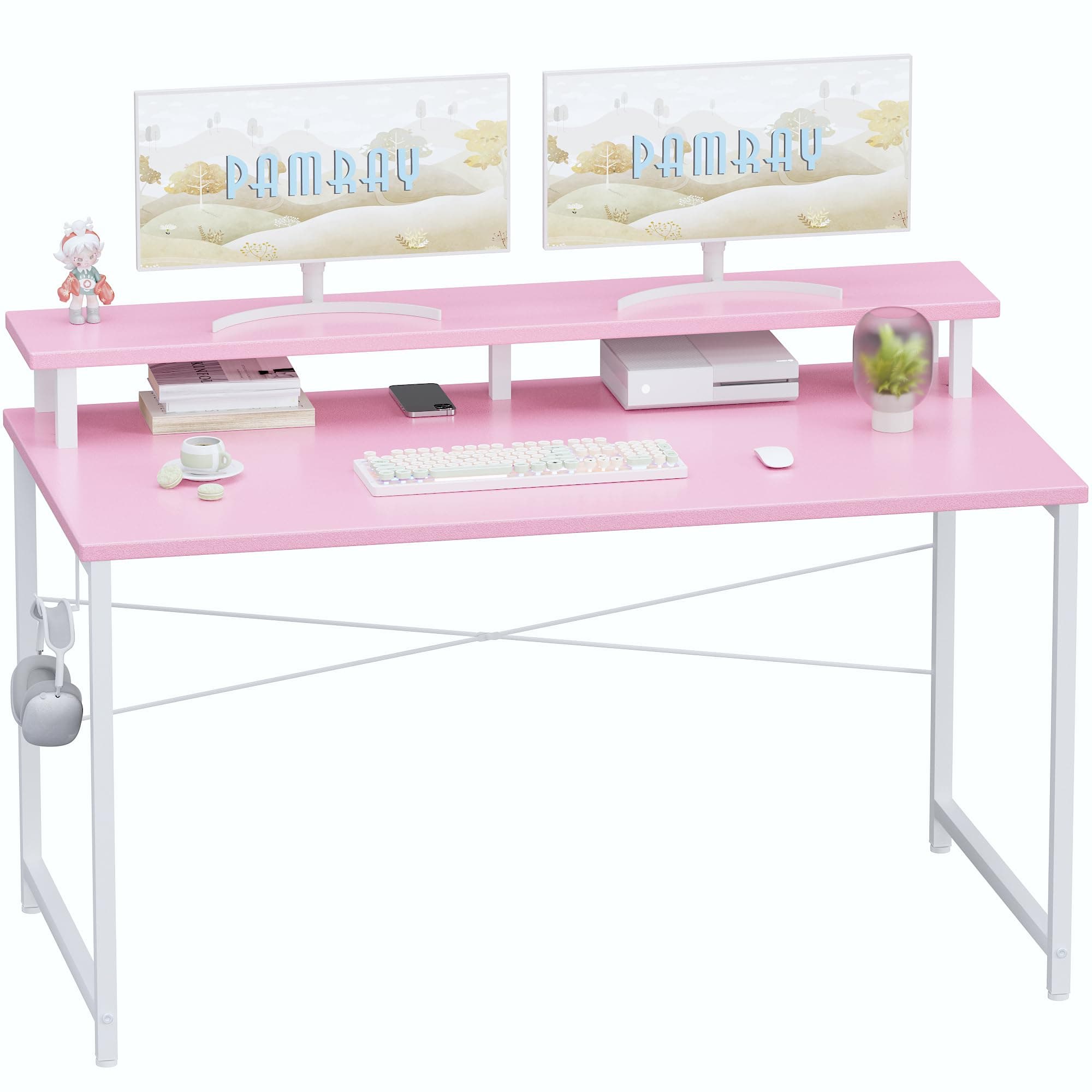 PAMRAY 47 Inch Small Computer Desk with Monitor Stand, Simple Office Desk with Headphone Hook for Small Spaces, Kids Study Writing Table for Bedroom, Pink