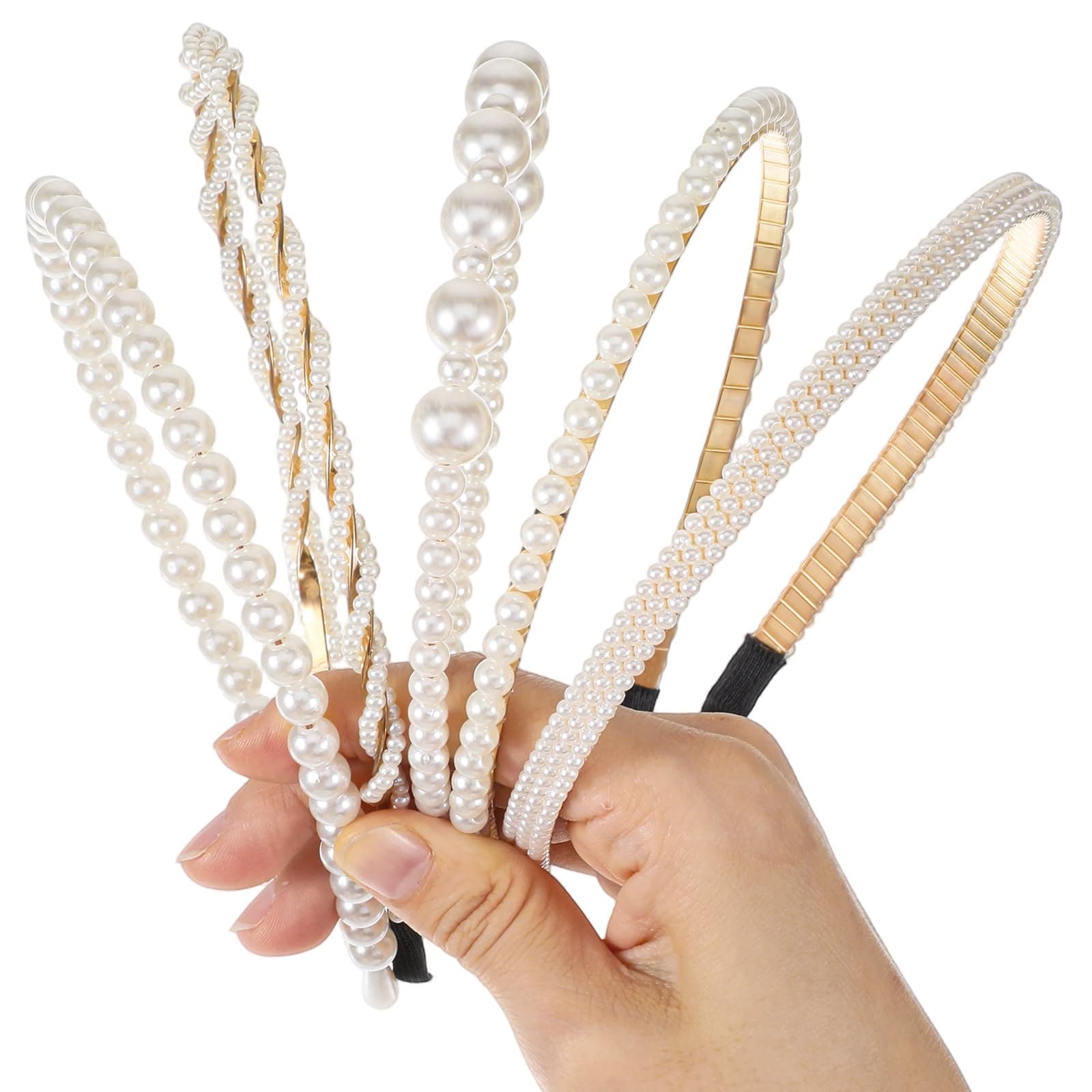 Bremorou 5 Pack Pearl Headbands For Women Non Slip White Hair Bands White Faux Pearl Bridal Hoops Elegant Rhinestones Hairbands For Girls Wedding Party Pearls Hair Accessories