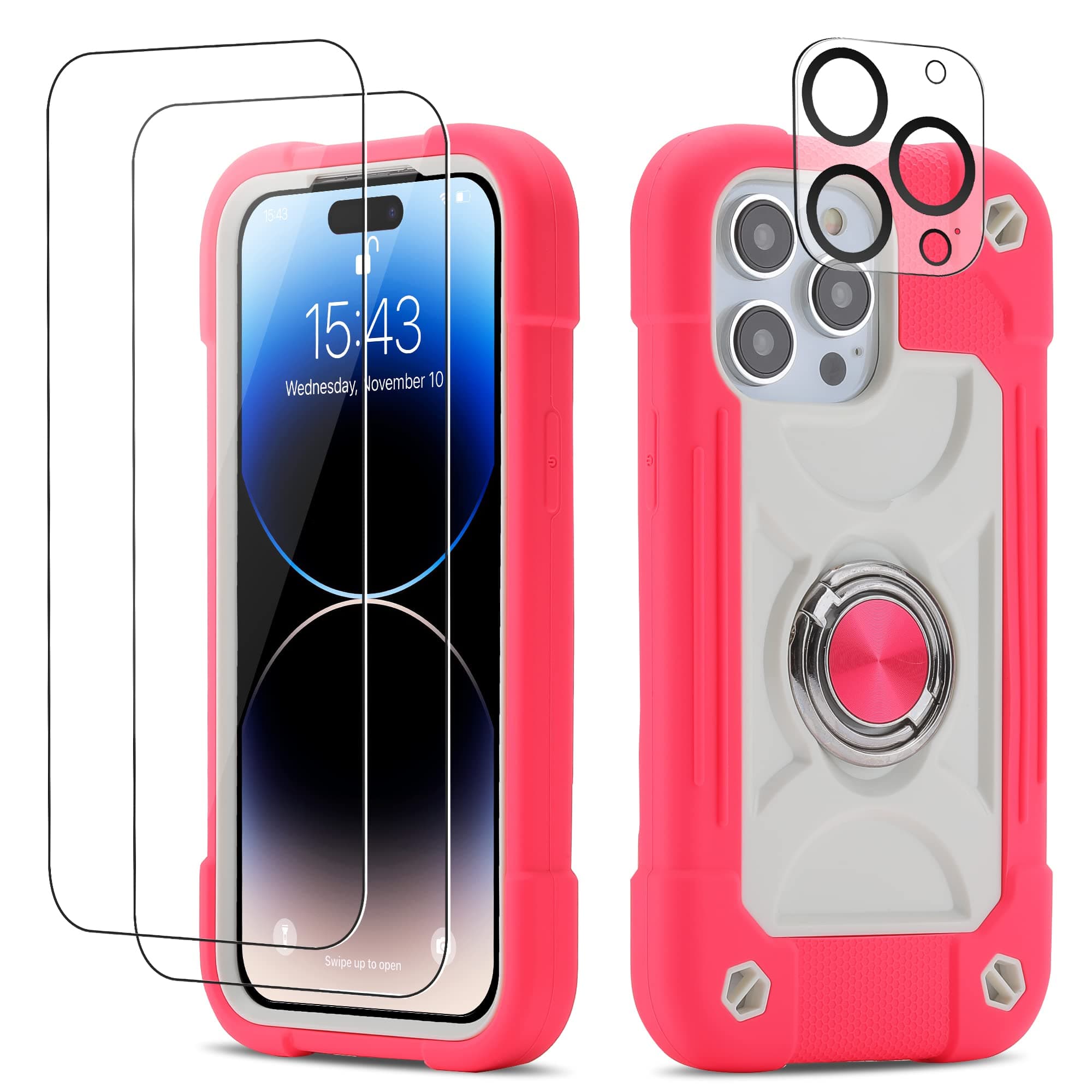 COOKIVER for iPhone 14 Pro Case 6.1 Inch with Ring Stand, with 2 Pack Glass Screen Protector + 1 Pack Camera Lens Protector,Heavy-Duty Shockproof Military Grade Rugged Cover (Hot Pink)