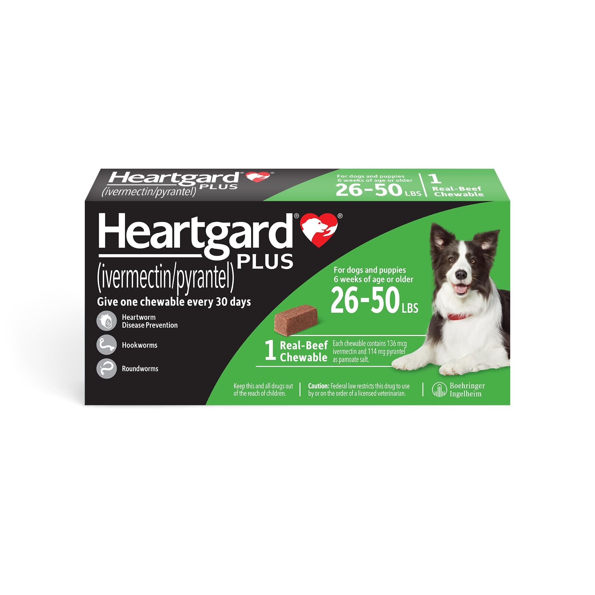HEARTGARD® Plus (ivermectin/pyrantel) Real-Beef Chewables for Dogs 26-50 lbs (Green Box) 1 Month Supply of Chews (Heartworm Disease Preventive)