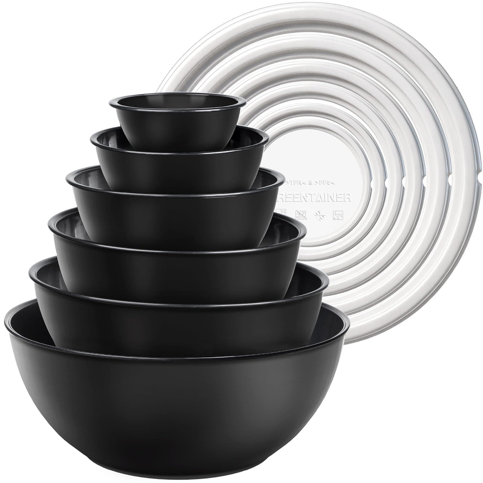 Greentainer Plastic Mixing Bowl Set with Lids for Kitchen, Nesting Storage Bowls for Baking, Prepping,Cooking and Serving Food, Dishwasher, Microwave Safe,Great for Mixing & Serving (6pcs Black)