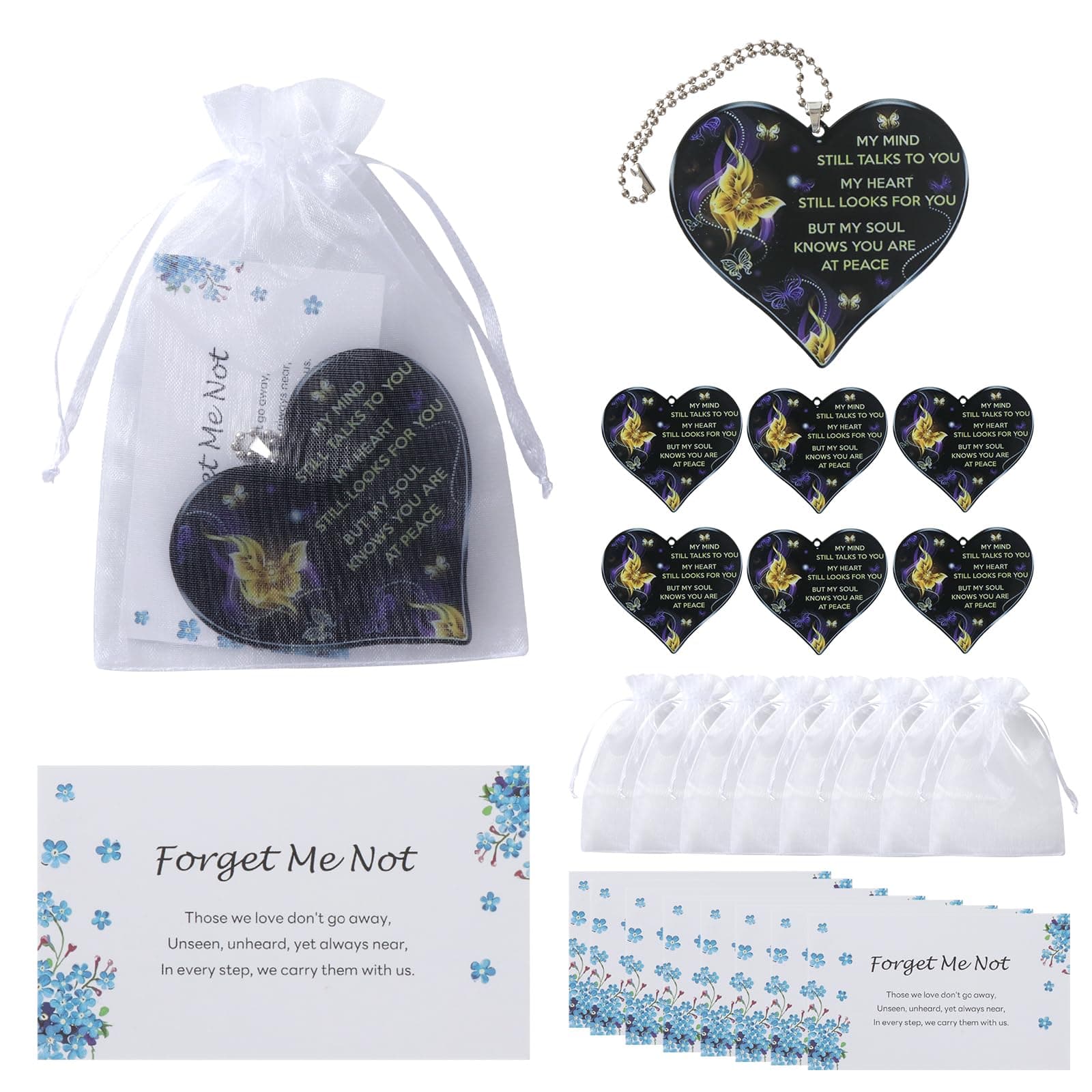 12 Pcs Funeral Favors for Guests, Complete Celebration of Life Keepsakes Set with Double-Sided Sympathy Cards, Acrylic Heart Tokens & Organza Bags - In Loving Memory Forget Me Not Bereavement Gifts