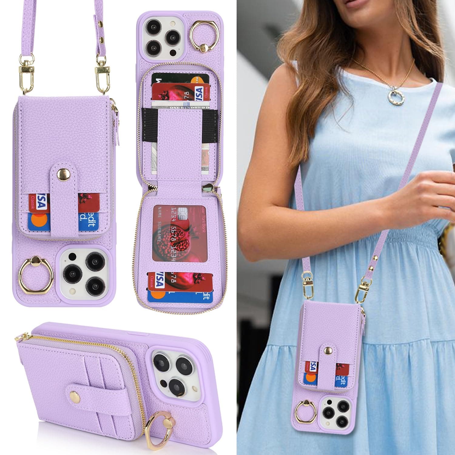 SunYoo for iPhone 14 Pro Max Wallet Case with Card Holder for Women,for iPhone 14 Pro Max Crsosbody Case with Strap Lanyard,Zipper Stand Ring Phone Cover with Coin Pocket-Purple