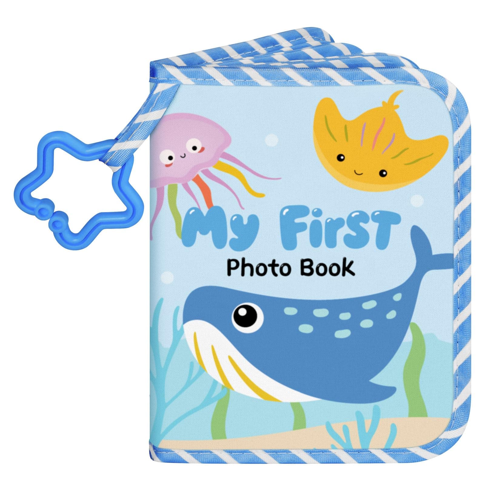 Lanpn My First Baby Photo Album Holds 17 4x6 Photos, Soft Cloth Family Book with Name Card Name Tag Stickers, Fabric Kid Memory Keepsake Gift for 4x6 Baby Shower Kids Newborn Toddlers Boy Girl (Ocean)