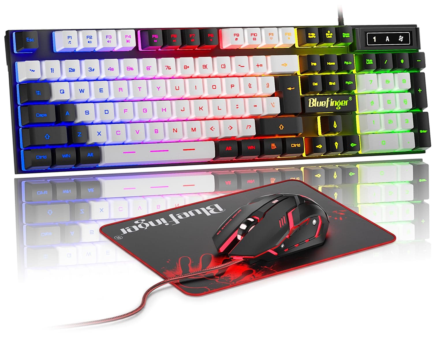 BlueFinger RGB Gaming Keyboard and Backlit Mouse Combo, USB Wired, LED Gaming Set for Laptop PC Computer Game and Work (Black & White)