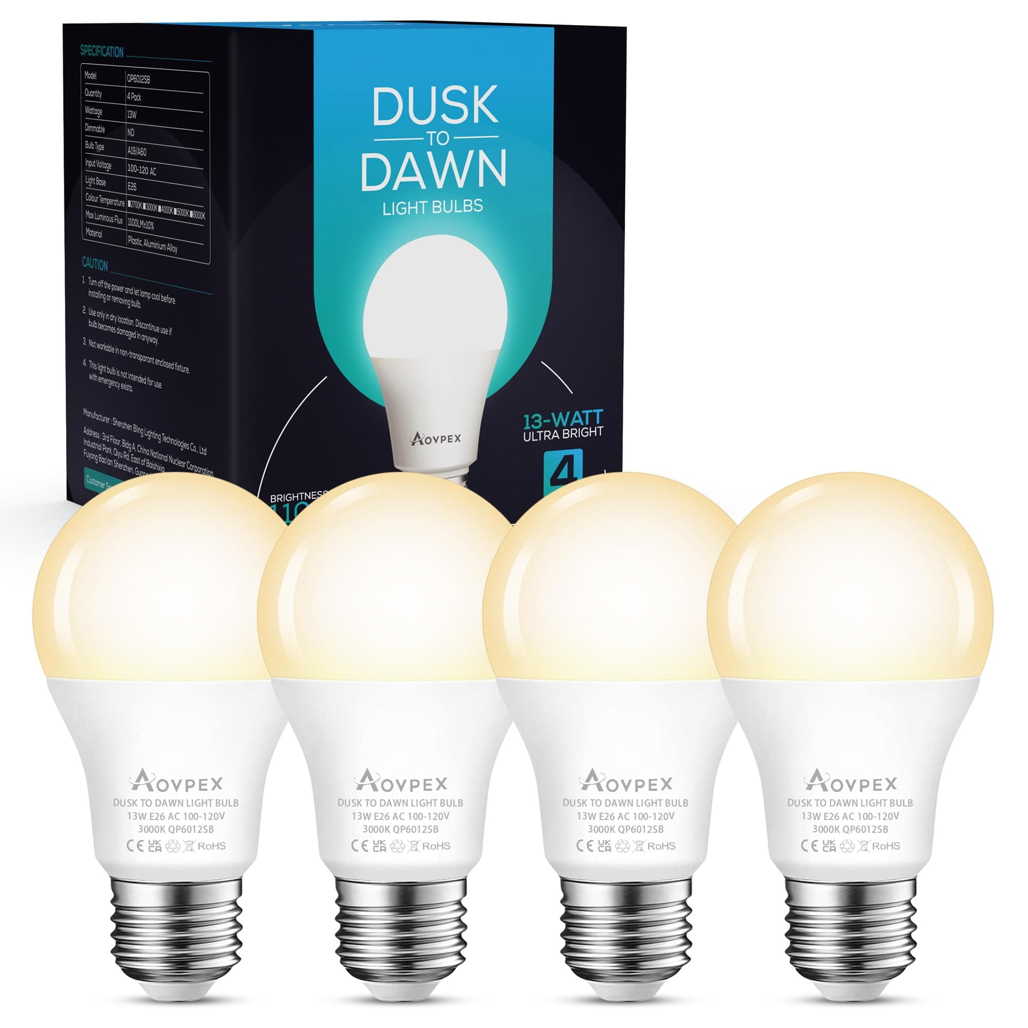 Dusk to Dawn Outdoor Light Bulbs, 13W Ultra Bright, 3000-Kelvin Warm White, Built-in Smart Photocell Sensor, Plug & Play, No Timer Required for Garage, Wall Lantern, Boundary, 4Pack by Aovpex