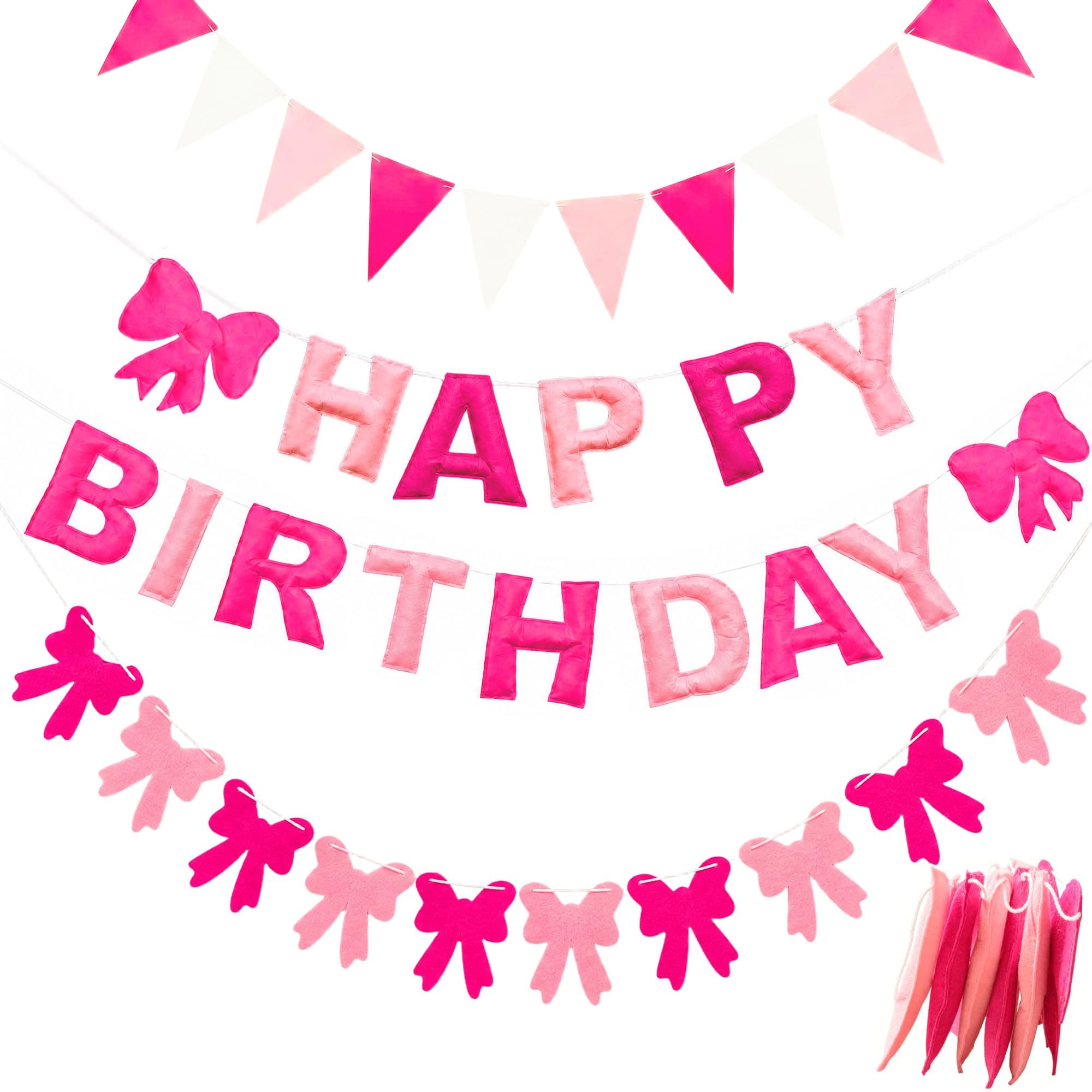 WFVNERABE Pink Bow Pre-Strung Happy Birthday Banner & Felt Garland Set,Reusable Bow Themed Birthday Decorations Sign for Women