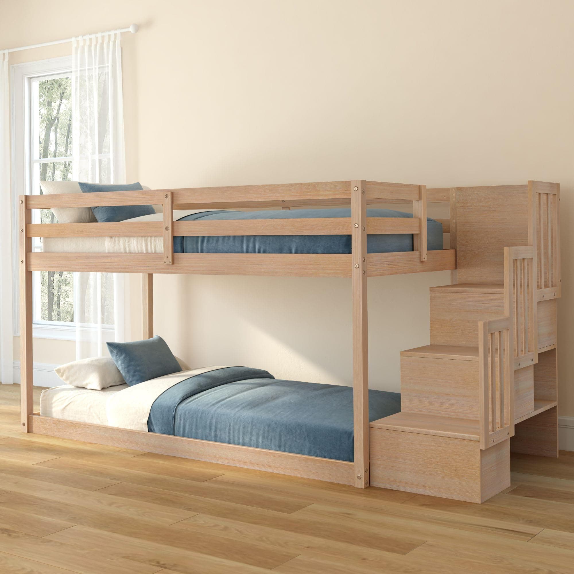 Grain & Grove Bear Twin Over Twin Low Bunk Bed with Staircase, Solid Guardrails, Reversible Stairs, Engineered Wood, Oak Embossed Natural