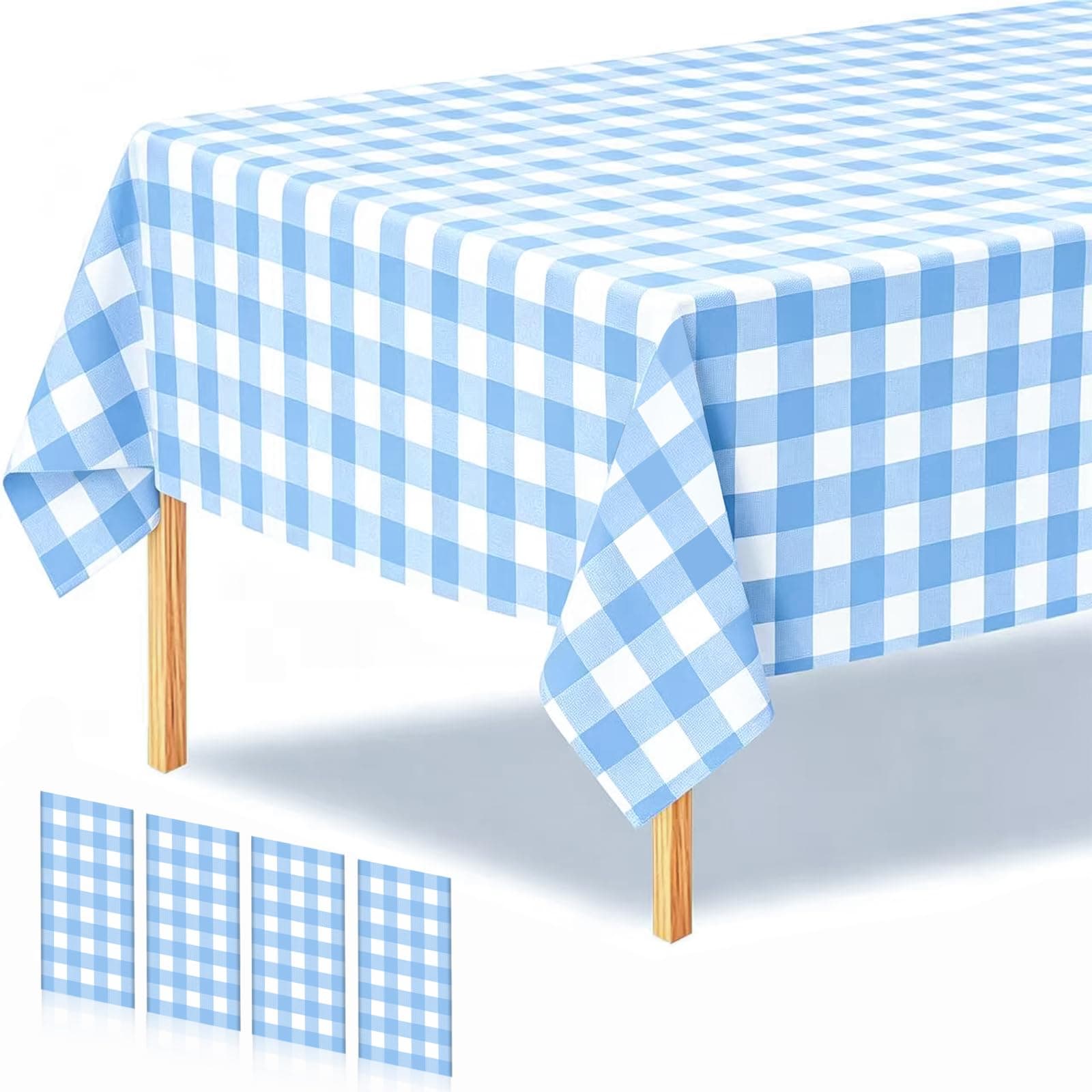 CXSAZRY 4 Packs Light Blue Checkered Tablecloth 54 ×108 Inches Blue and White Checkered Tablecloth Disposable Plastic Waterproof Table Cover for Birthday,Picnic, Party, Camping 6 to 8 Foot Tables