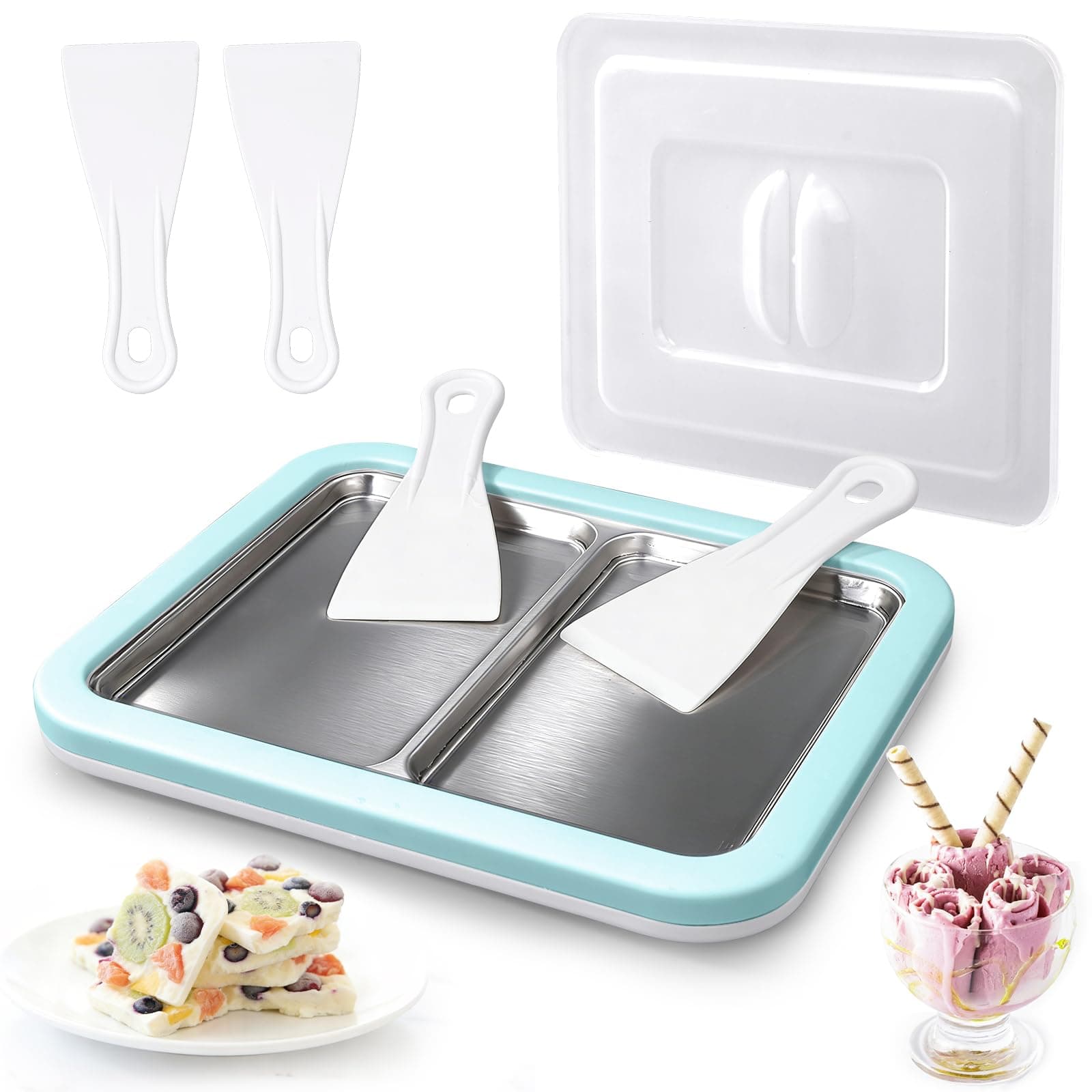 Climafusion Rolled Ice Cream Maker, Dual Trays Instant Ice Cream Maker, Food-Grade Homemade Frozen Yogurt Maker for Kids & Family, DIY Ice Roll Machine with 4 Spatulas, Dustproof Design (Mint Green)