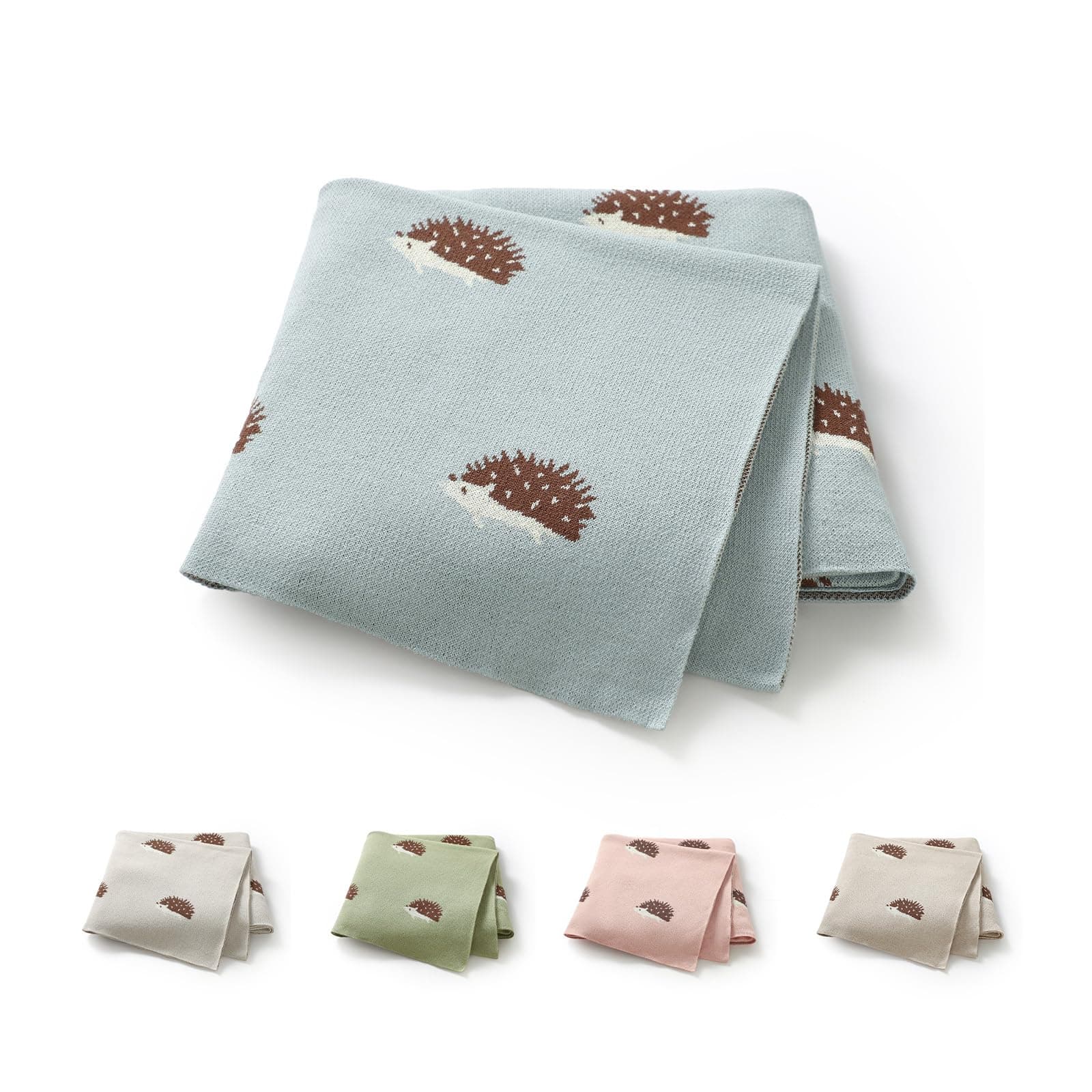 Opewod Baby Blanket 100% Cotton Baby Swaddle Blanket Knit Soft Cozy Lightweight Unisex Receiving Stroller Quilt Blanket with Cute Hedgehog 30x40 Inch Aqia Blue