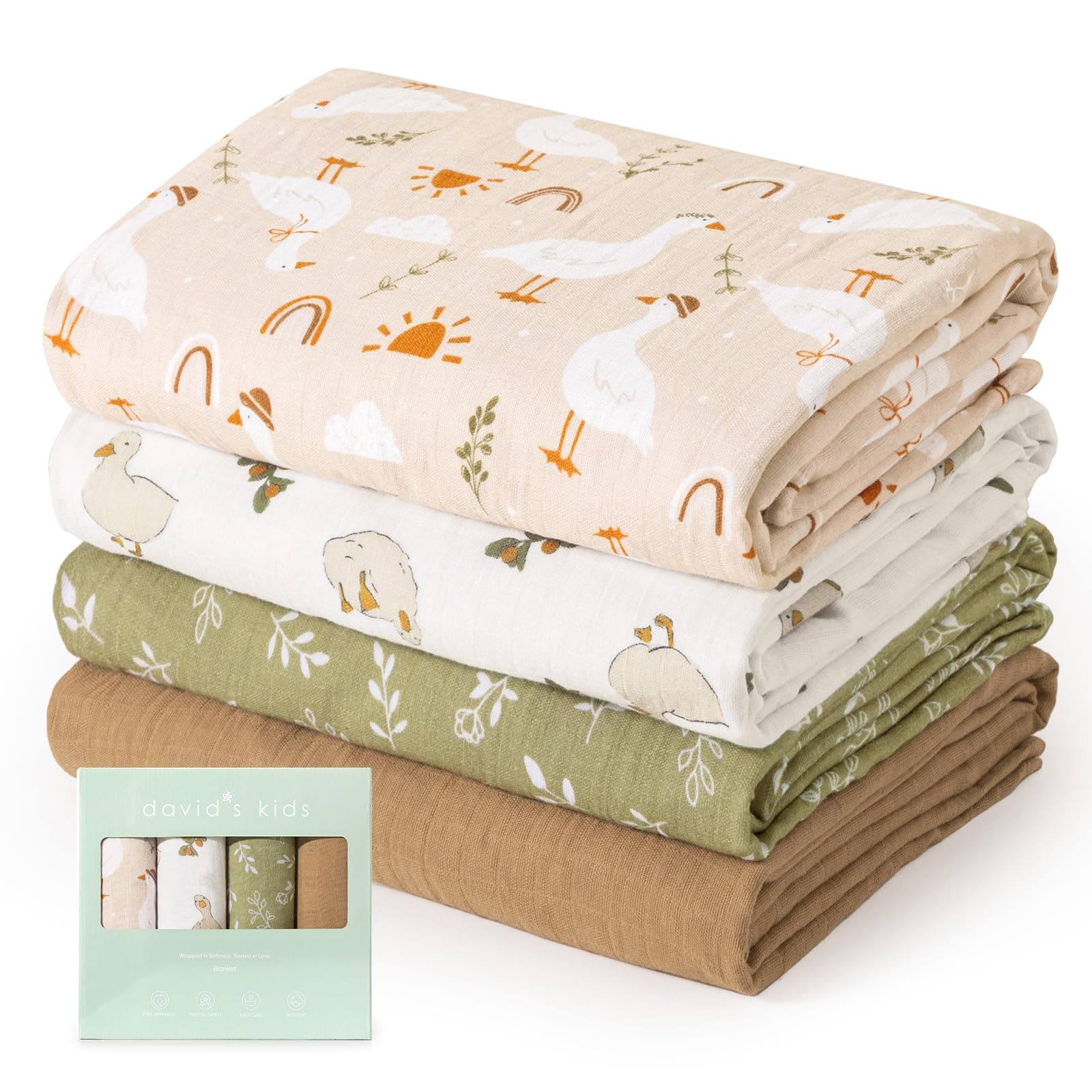 david's kids Baby Muslin Swaddle Blankets, 4 Pack 100% Cotton Swaddle Blankets for Newborns, Soft Breathable 47 x 47 in Large Receiving Blankets for Boys and Girls, Farm & Duck