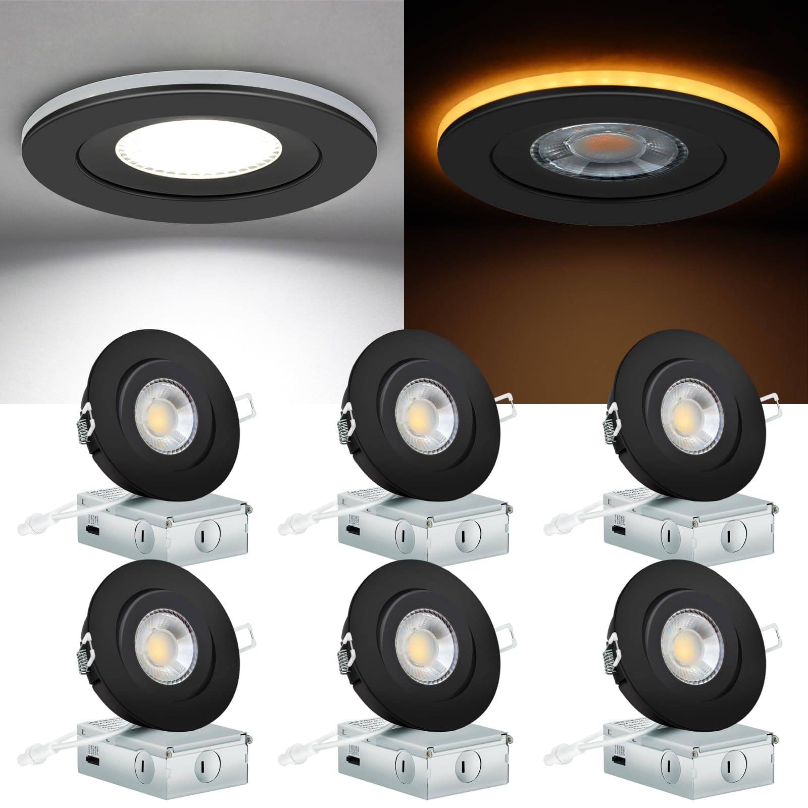 KnLnny Ware Black recessed Lights with Night Light 4 Inch 6 Pack, Gimbal canless recessed Lights with Junction Box,9W 750LM,Dimmable,5CCT Selectable,Air Tight