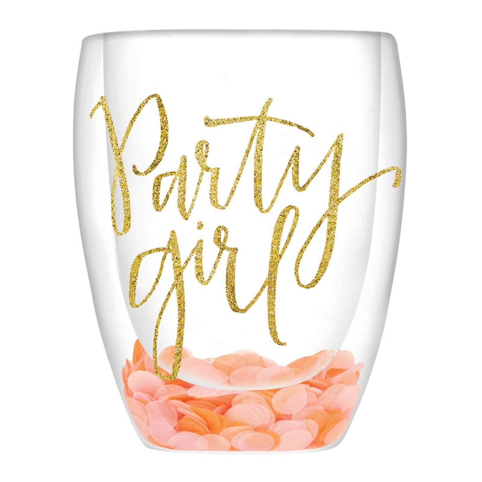 Slant Collections Birthday Gift Double-Wall Cocktail Confetti Filled Stemless Wine Glass, 10-Ounce, Party Girl