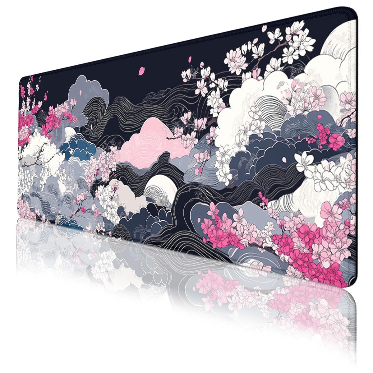 Cherry Blossom Waves Large Gaming Mousepad, Japanese Cloud Desk Mat for Keyboard, Extended Mousepad Waterproof Stitched Edges Rubber Base Non-Slip Deskmap Computer Keyboard Mat, 31.5" x 11.8"