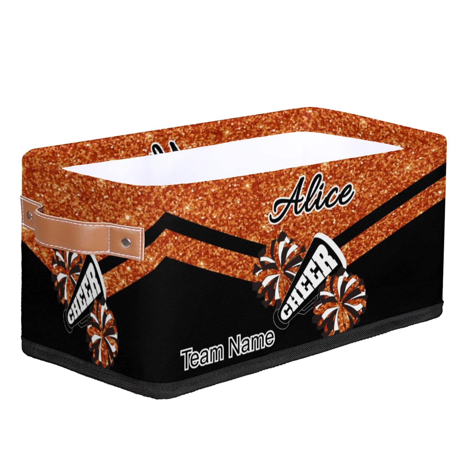 Ioracida Custom Cheer Storage Basket Bin with Name for Girls Room, Fabric Foldable Personalized Cheerleading Storage Box Organizer with Handles, Dark Orange Glitter