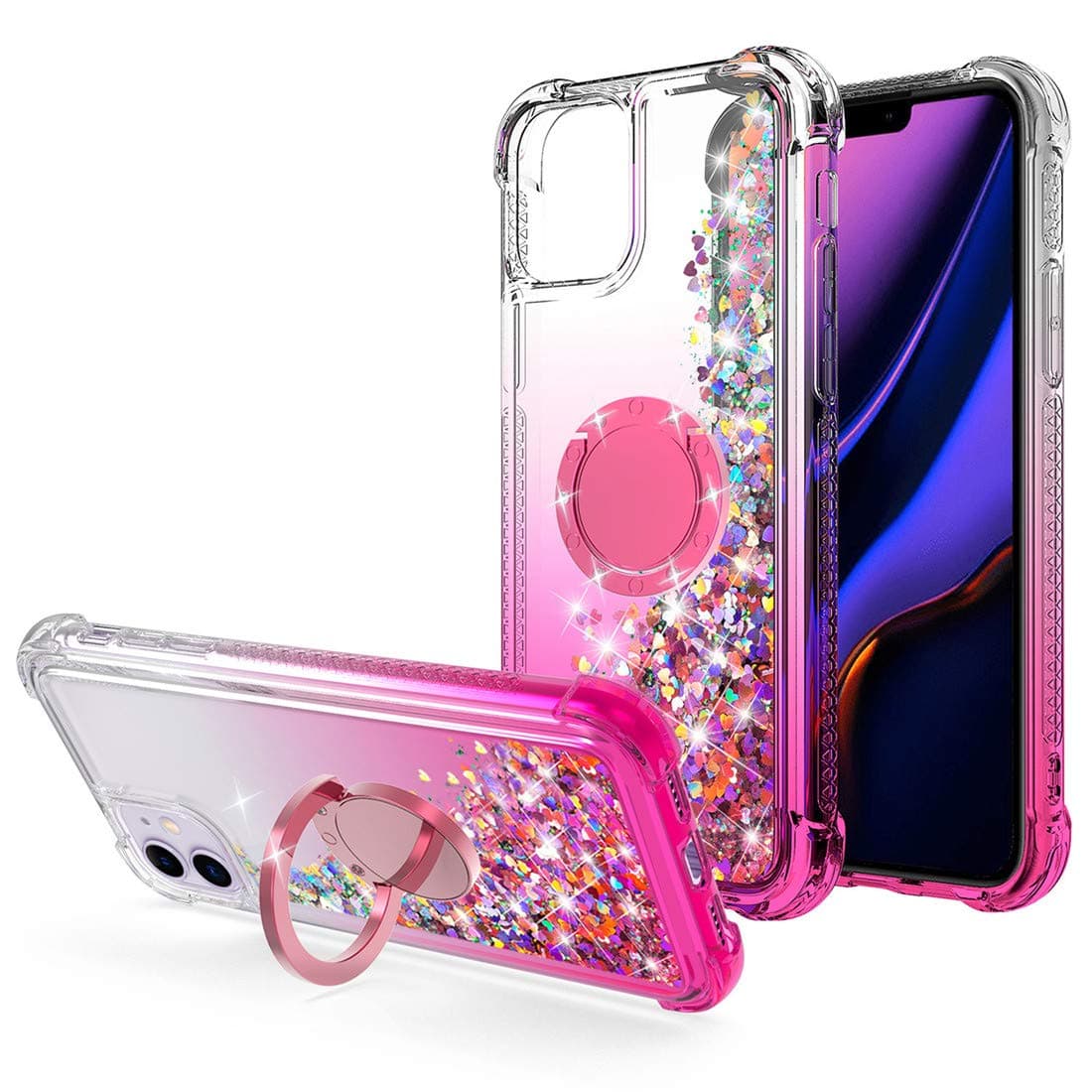 WORLDMOM for iPhone 11 Case, Glitter Waterfall with Rotation Ring, HotPink