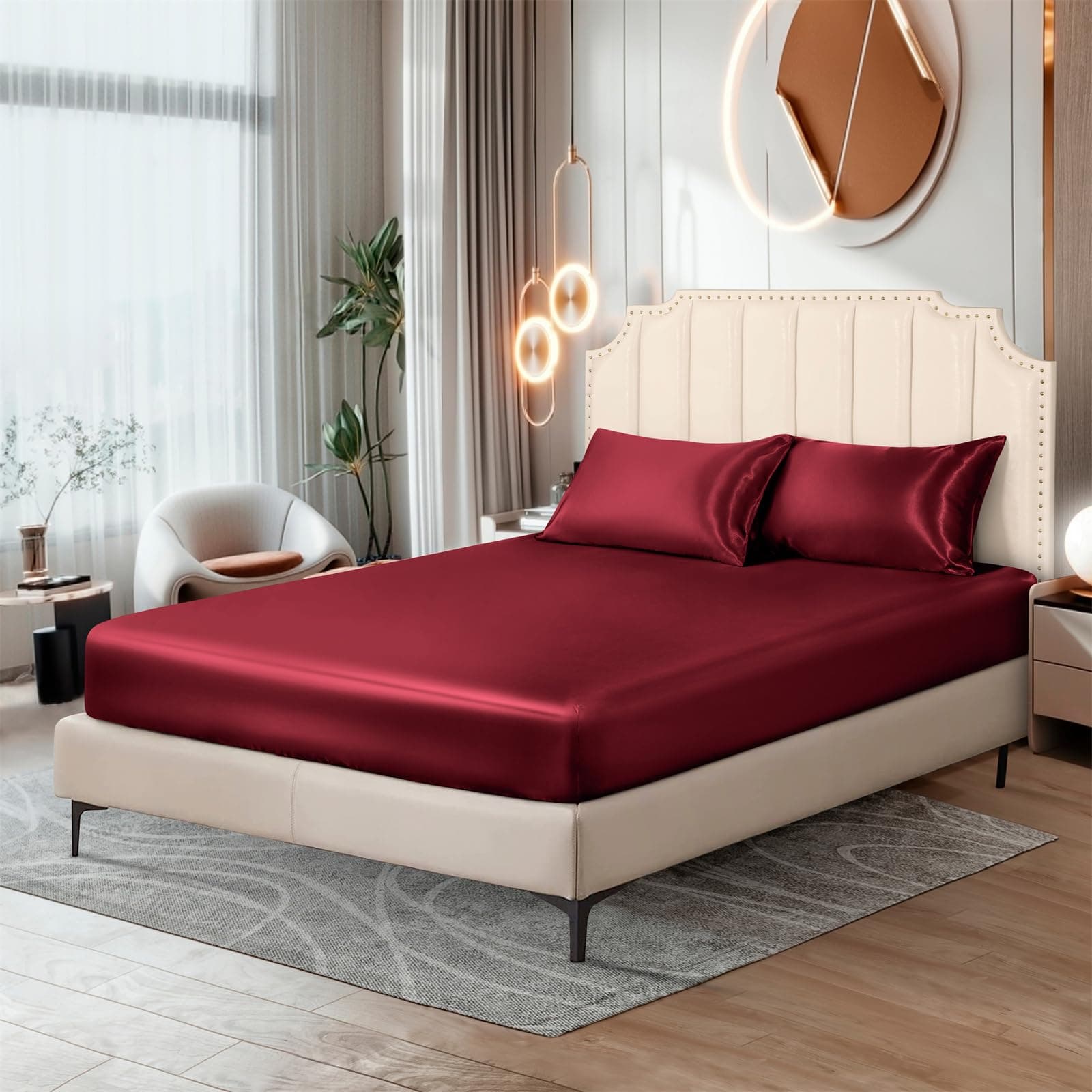 Ersmak Silk Satin Fitted Sheet, Soft Deep Pocket Bottom Luxury Full Fitted Sheet, Wrinkle Free, Breathable, Fade Resistant - Burgundy