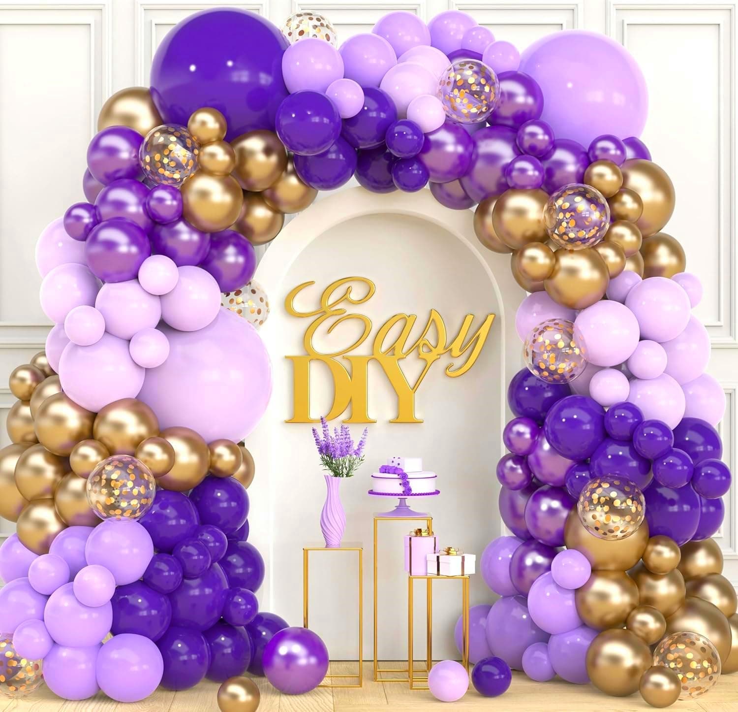 Purple Gold Balloons Garland Arch Kit, 142PCS Metallic Purple and Gold Balloons Arch Kit, Different Sizes 18/12/10/5 Inch Latex Balloon Kit for Women Birthday Baby Shower Wedding Party Decorations