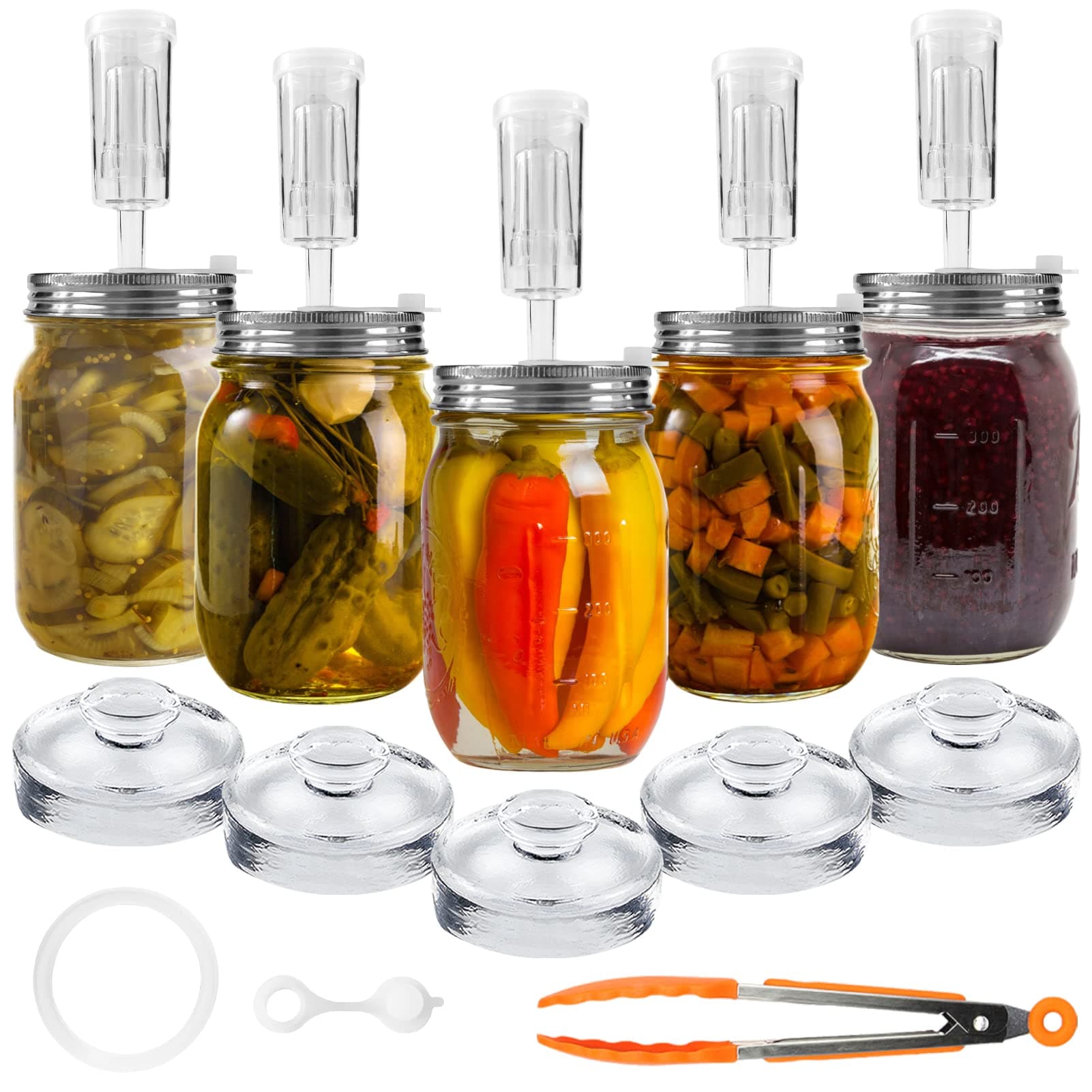 Artcome 28 Pcs Fermentation Kit - 5 Stainless Steel Lids, 5 Glass Weights, 5 Airlocks, 6 Silicone Rings, 6 Grommets, 1 Silicone Tong (Jars Not Included)