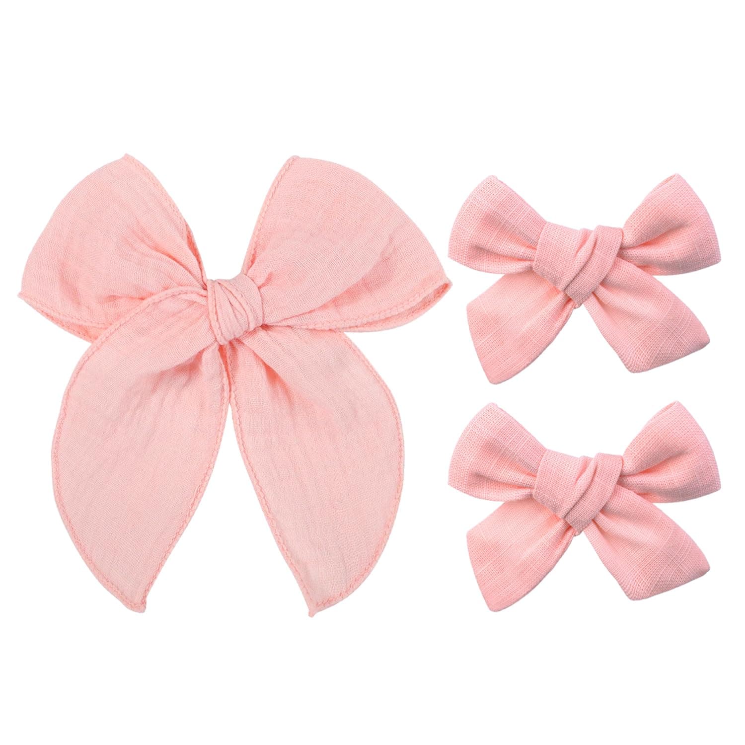 5-Inch Fable Hair Bow Clip Set with 2pcs 3-Inch Boutique Hair Clips for Girls –Handmade Linen Cotton & Matte Ribbon Hair Accessories for Toddlers & Kids (Pink)