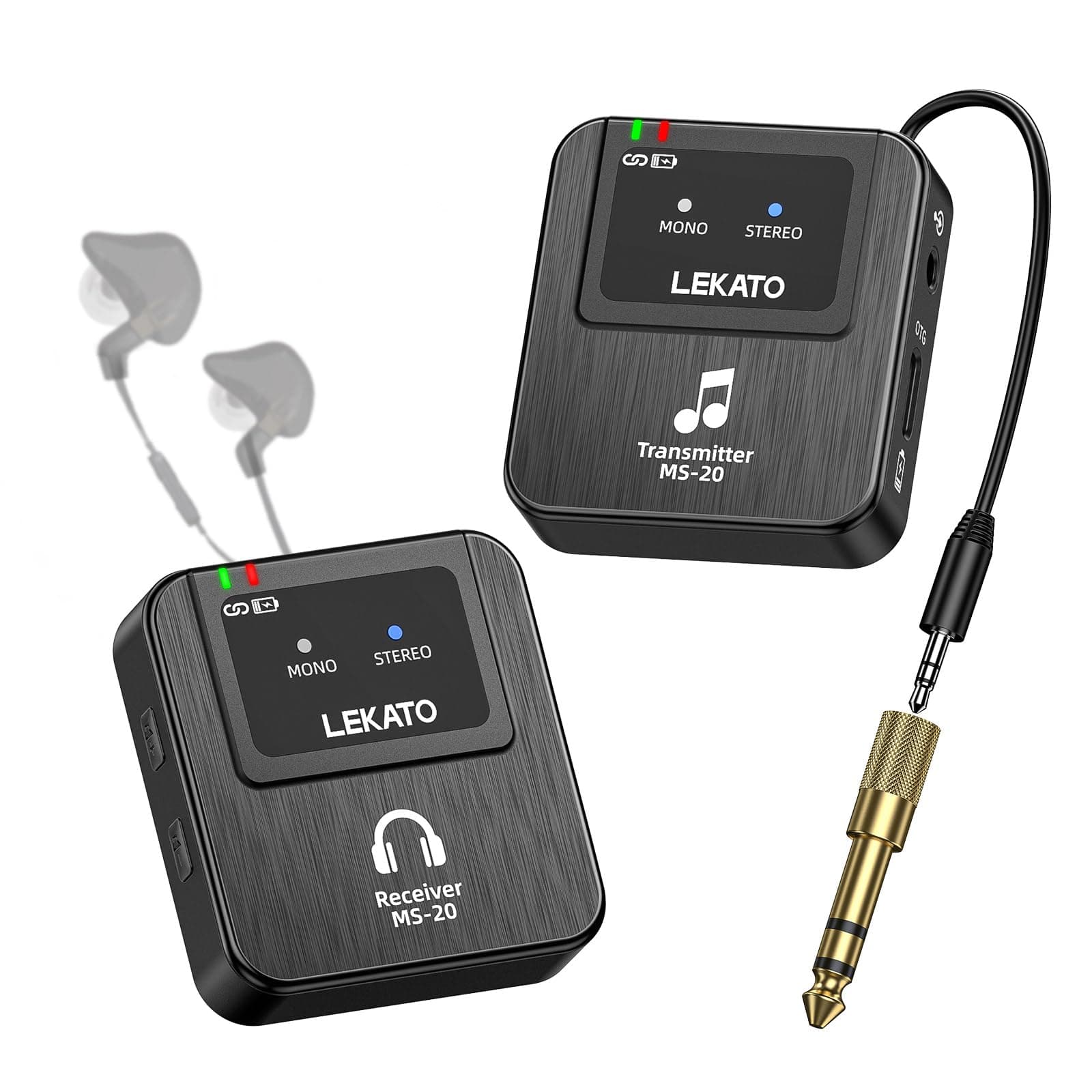 LEKATO Wireless In-Ear Monitor MS-20, 2.4G IEM System Low Latency, with Beltpack Transmitter Auto-Pairing Receiver, OTG Support, One to More, in-Ear Monitoring for Live Performance Singer Band Starter
