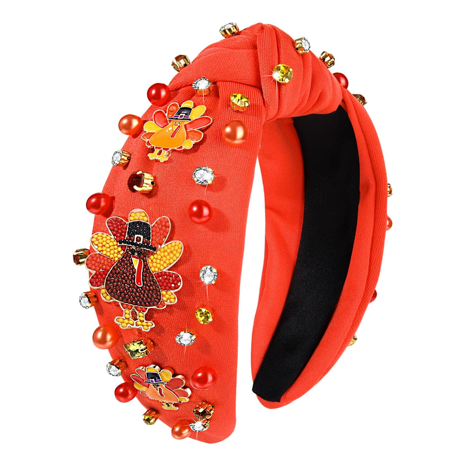 NVENF Thanksgiving Headband for Women Beaded Turkey Fall Headband Accessories Jeweled Pearl Rhinestone Knotted Hairband Autumn Fall Thanksgiving Hair Accessory Outfits Holiday Gifts (Turkey 2)