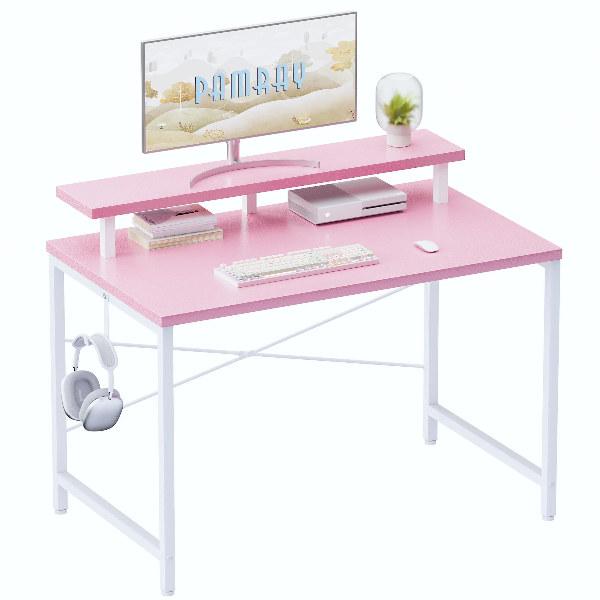 PAMRAY 32 Inch Small Computer Desk with Monitor Stand, Simple Office Desk with Headphone Hook for Small Spaces, Kids Study Writing Table for Bedroom, Pink