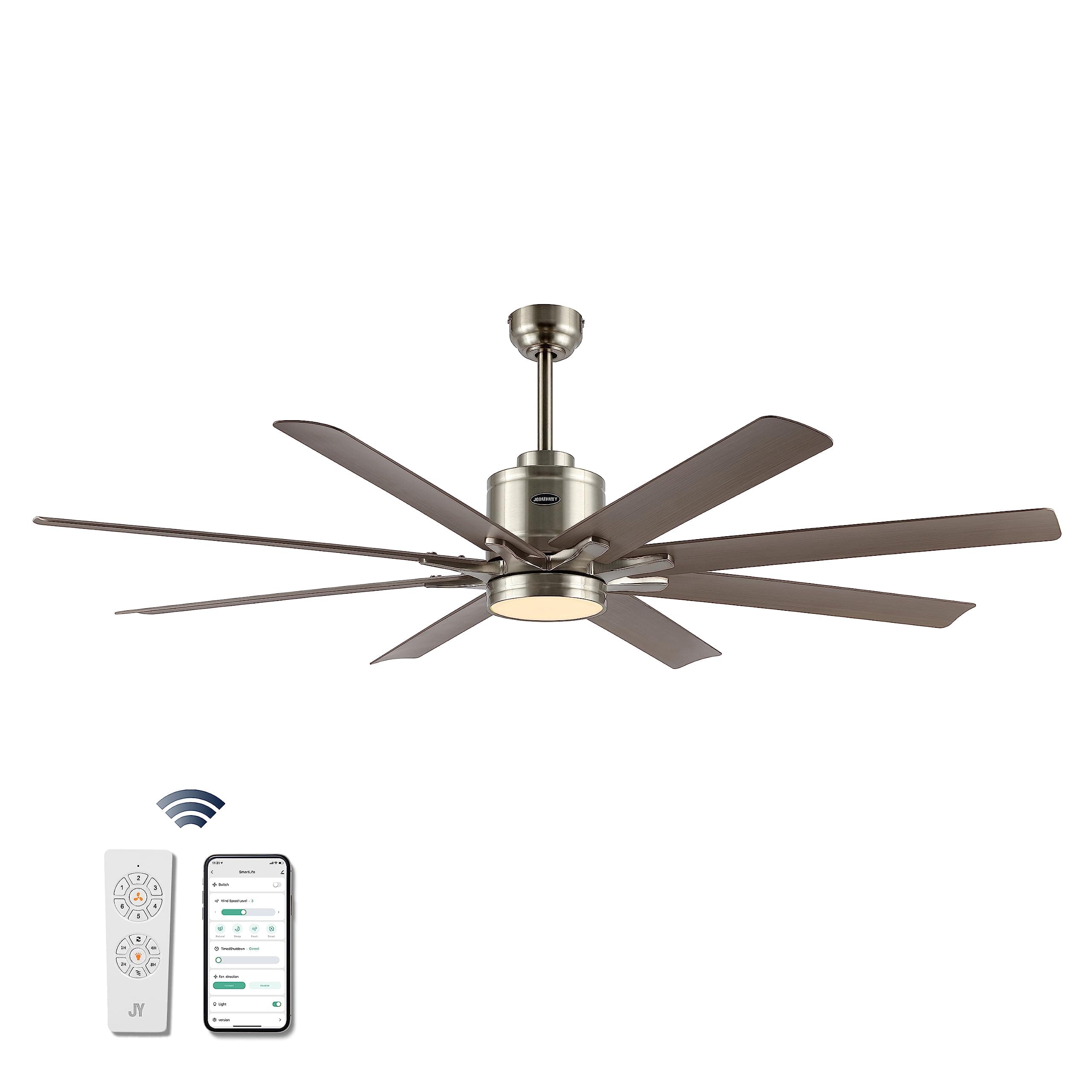 JONATHAN Y 66" Nickel/Gray Wood Finish 1-Light Modern Industrial Ceiling Fan with LED Light, 6-Speed Smart Fan with App and Remote Control, White Acrylic Shade, Large Slope-Compatible Fan JYL9712A