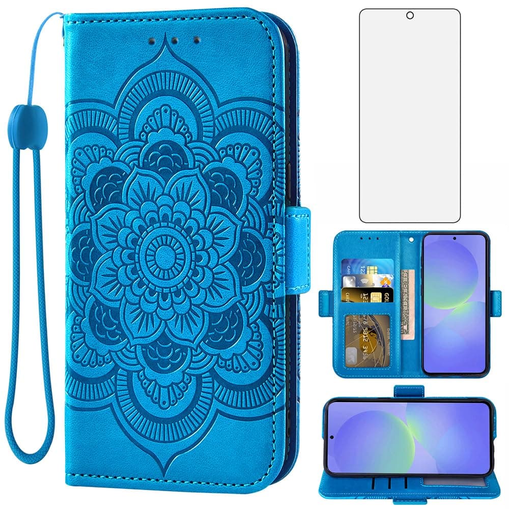Asuwish Phone Case for Samsung Galaxy A36 5G Wallet Cover with Tempered Glass Screen Protector and Wrist Strap PU Leather Flip Credit Card Holder Stand TPU Cell Accessories A 36 36A LTE Women Men Blue
