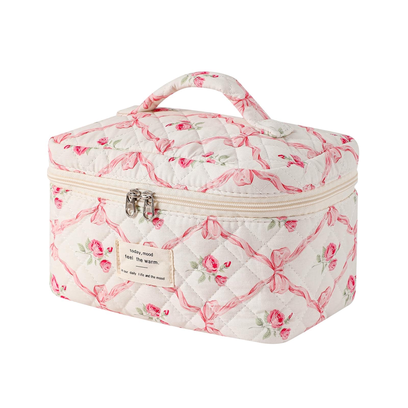 uekeboag 2 Pcs Large Quilted Makeup Bag, Cotton Quilted Toiletry Bag for Women,Floral Coquette Makeup Bag,Cute Kawaii Travel Cosmetic Bags, 07Pink Bows, Playful Floral
