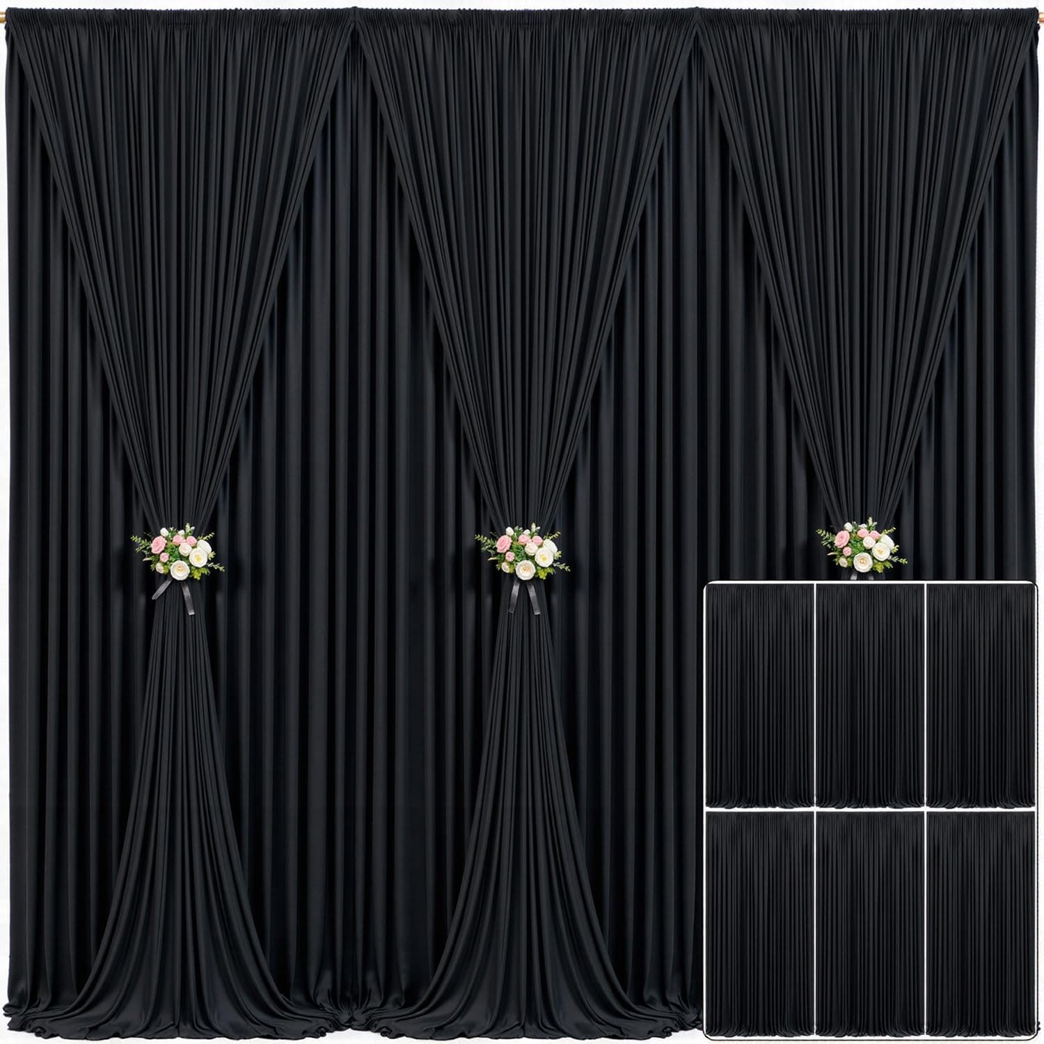 6 Panels Black Backdrop Curtain for Parties Wrinkle Free Black Photo Curtains Backdrop Drapes Fabric Decoration for Birthday Party Wedding 30ft(W) x 10ft(H)