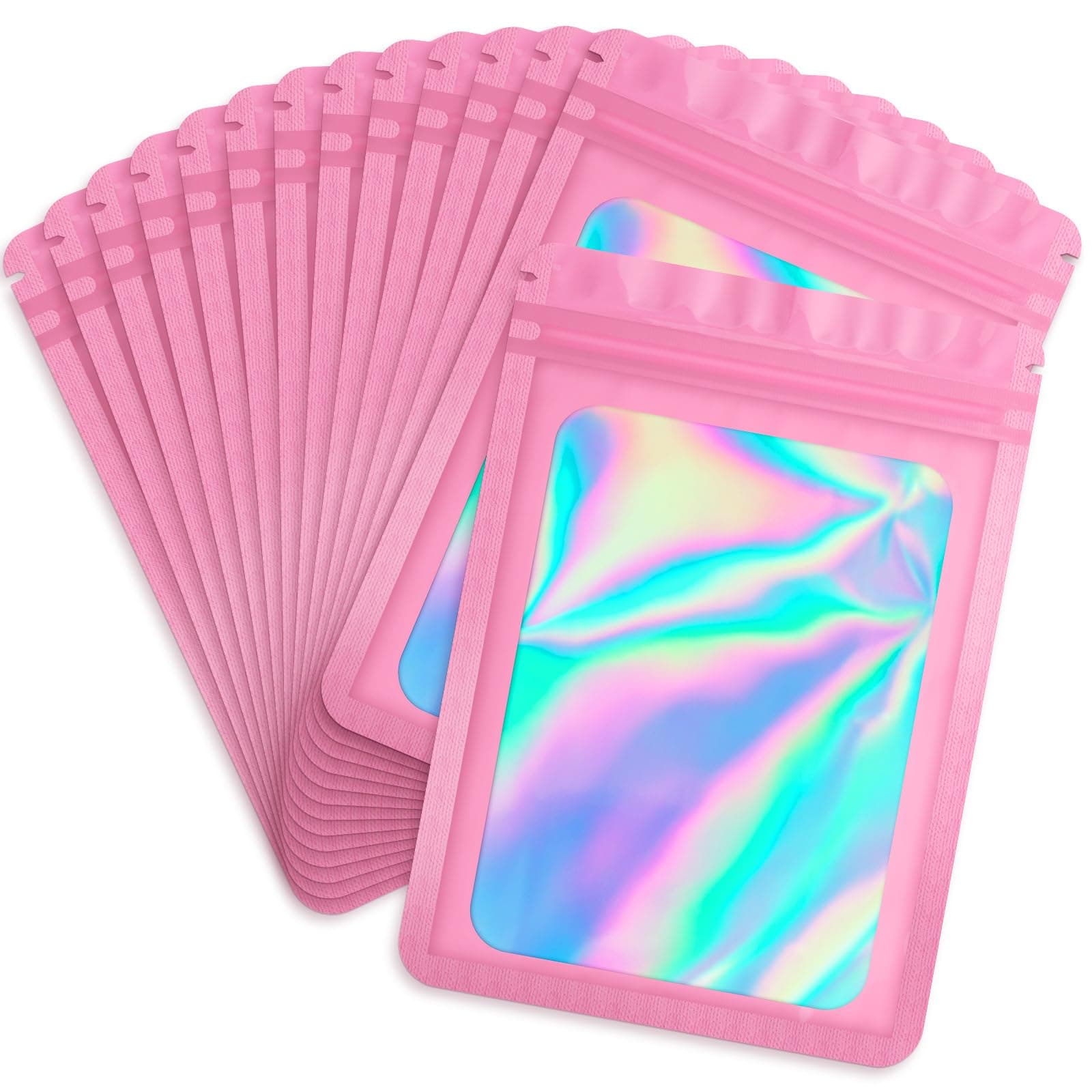 Durimoiy 100-pack mylar bags with clear window holographic resealable zipper sealable pouch bags candy,cookie,electronic supplies(4×6 inch,pink )