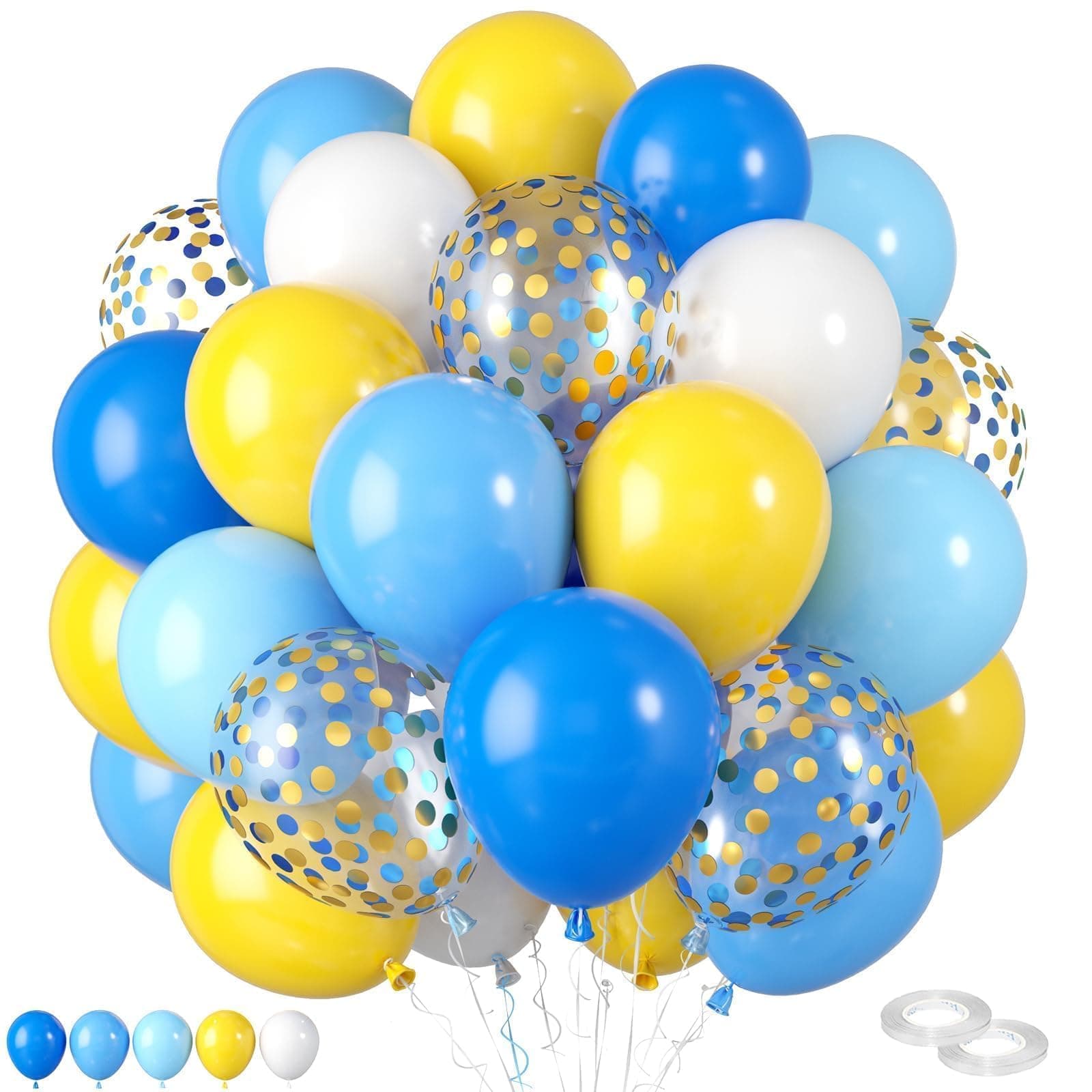 Balloons Blue Yellow, Pack of 60 12 Inch Blue Yellow White Balloons with Confetti Balloons for Socer Party Decoration Baby Shower Anniversary Birthday Wedding Party Decorations