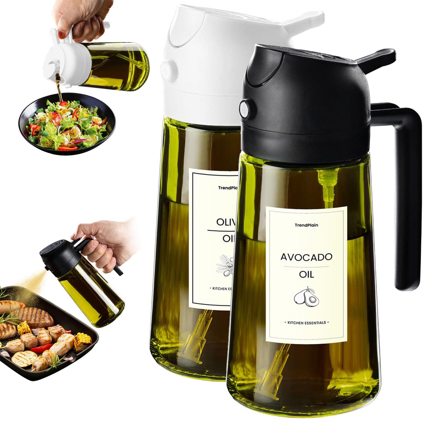 TrendPlain 470ml Olive Oil Dispenser Bottle for Kitchen Gadgets - 2 in 1 Dispenser and Sprayer - Olive Oil Spray Bottle w/Stickers (Light Blockage) - BPA Free - Black&White