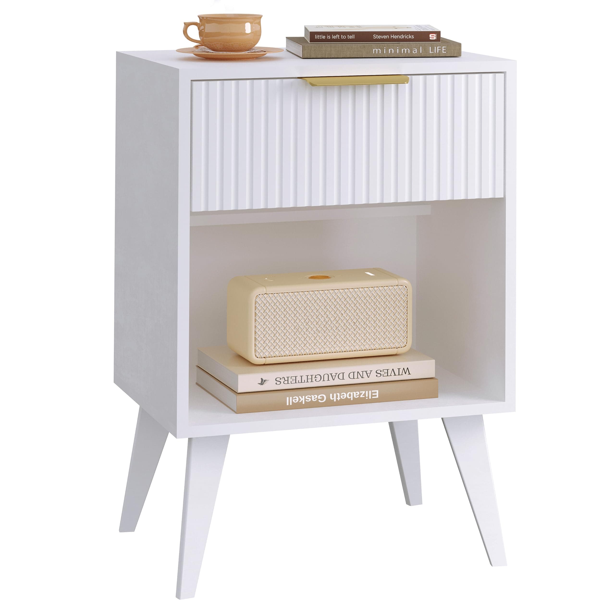 YAUKOMEL Fluted Night Stand,White Bedside Table,Modern Nightstand